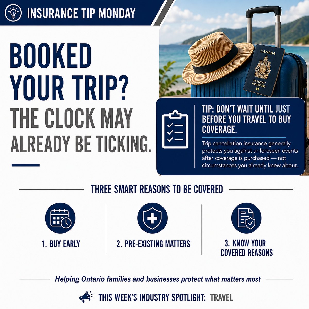 NickyKilgeik's tweet photo. INSURANCE TIP MONDAY

Booked your trip? Don’t wait until departure to consider travel insurance. Trip Cancellation Insurance covers certain unexpected events after coverage starts—not known circumstances. Buy early, review pre-existing condition https://t.co/YaJWKYBbWQ