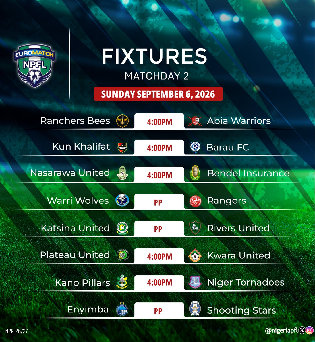 NigeriaPFL's tweet photo. 5οΈβ£ games on offer in #EUROMATCHNPFL
#RNBABI
#KUNBAR
#NASBEN
π» #PLAKWA
πΊ #PILTOR
πΊ LIVE on @NigeriaPFL YouTube channel & @AfroSportTV
π» Live commentary on @radionigeriahq
#NPFL27 https://t.co/Ls9ZVbYYDd