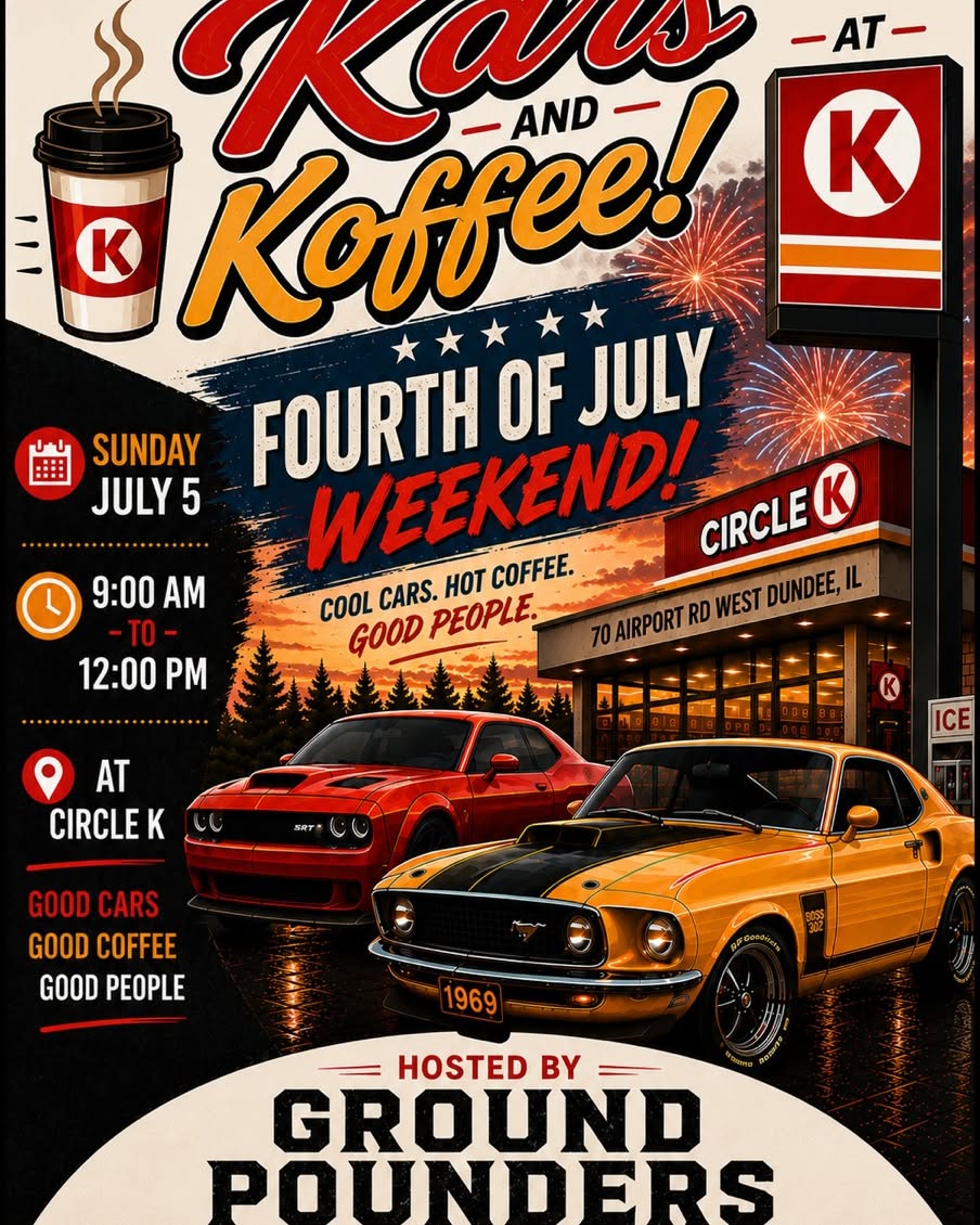 TandraSojo's tweet photo. Celebrate Independence Weekend with Kars &amp; Koffee! Join us Sunday, July 5 at 9 AM for great cars, coffee, and company. All vehicles welcome! Circle K, 70 Airport Rd, West Dundee, IL. Sponsored by Ground Pounders. https://t.co/CaLaO0TDce