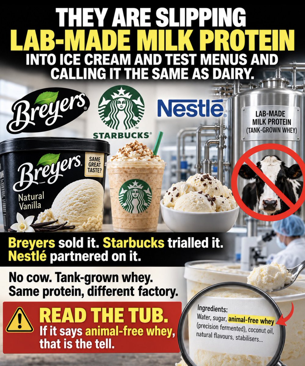 toobaffled's tweet photo. They are putting tank-grown milk protein into real products and most people never notice.

It is called precision fermentation. Microbes in a vat are given the genetic instructions to make whey, the same protein you get from a cow. No udder. Same allergen. Sold as “animal-free whey.”

Breyers launched Lactose-Free Chocolate ice cream with it in 2024. Unilever and Perfect Day put out a press release. It went into US shops.

Starbucks trialled the same kind of milk in two Seattle stores in 2021. Signs on the counter. Not the whole chain.

Nestlé partnered on animal-free dairy drinks and a fermented whey powder.

It does not have to say “lab-grown” on the front. Look for “animal-free whey” or “non-animal whey.” If you have a milk allergy, it still counts.

https://t.co/w3cmOqbDct