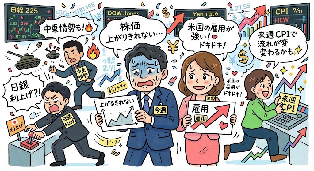 kokusai_papa's tweet photo. 今週の株価、なんか上がりきれない感じ…😅米国の雇用が予想外に強くてドキドキ!来週のCPIで流れが変わるかも✨日銀の利上げや中東情勢も絡んで目が離せない週になりそう🔥
#日経平均 #株式市場 #米CPI #FOMC #投資初心者 https://t.co/Seqah2PLXc