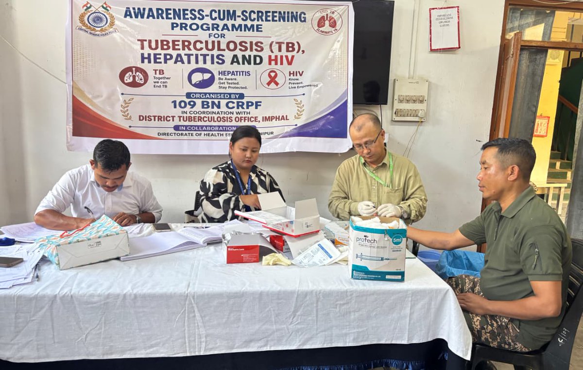 ClarkSwaynpi's tweet photo. A health awareness and screening drive for TB, HIV, hepatitis, and syphilis was conducted across 109 BN CRPF. A total of 211 personnel were screened to promote awareness, early detection, and preventive healthcare. https://t.co/8xvUYHetIz