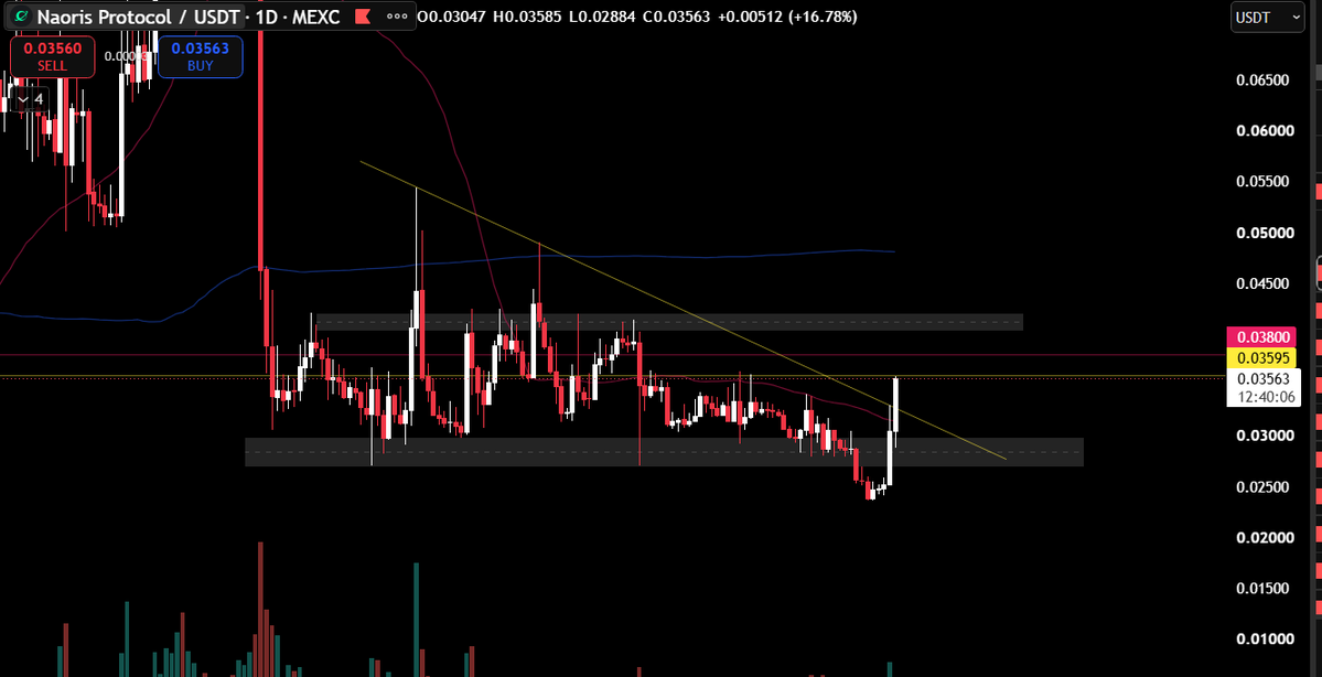 AkoSiEnrick's tweet photo. $NAORIS looks strong today and still trying to break the downtrend,if we close daily candle above this area there still a strong resistance need to break which is 0.040-0.041 area after that we also need to break  0.048 and  0.054 area to see a good pump from there @NaoXprotocol https://t.co/eWcpbIjqt0