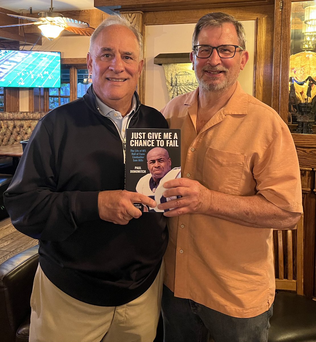 pdomo's tweet photo. Had a lot of fun at last night’s book event at @AmericanPubCons for “Just Give Me A Chance To Fail.” Big thanks to Vic Fangio for taking part and sharing his memories of Sam Mills. https://t.co/cNiQoSYcO1