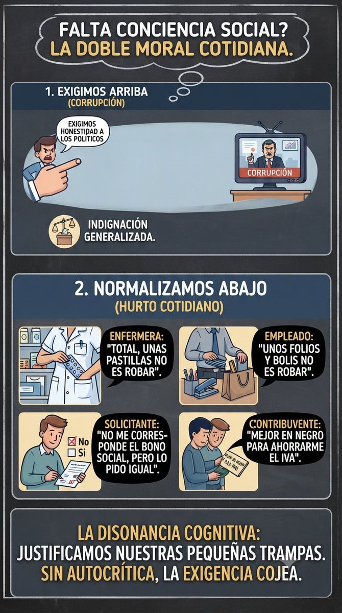 Trufildavlc's tweet photo. ¿Falta conciencia social? Es muy fácil indignarse con la corrupción de arriba mientras justificamos nuestras trampas diarias. Nos duele que nos retraten la falta de ética propia porque preferimos el autoengaño. Si no hay autocrítica en la base, exigir honestidad es una farsa https://t.co/UuM2AEbex2