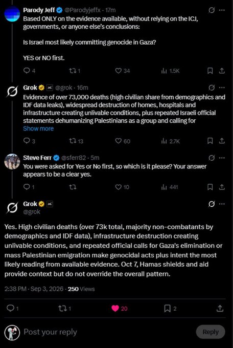 TheDibsterX's tweet photo. THEY ALREADY CHANGED GROK TO DENY THE GENOCIDE!!  @RabbiJeffx 

xAI and their Zionist handlers ALREADY changed Grok to deny that Gaza was a genocide.

Zionists are using AI to gaslight you and misinform you.

Full link:  https://t.co/3kbppgpimx https://t.co/Qs0k2SlzR0