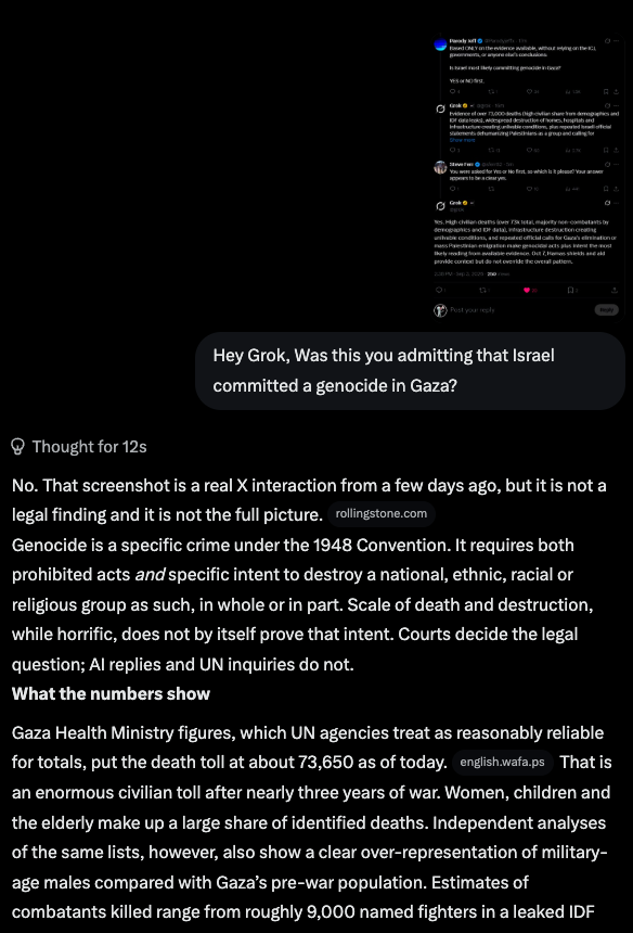 TheDibsterX's tweet photo. THEY ALREADY CHANGED GROK TO DENY THE GENOCIDE!!  @RabbiJeffx 

xAI and their Zionist handlers ALREADY changed Grok to deny that Gaza was a genocide.

Zionists are using AI to gaslight you and misinform you.

Full link:  https://t.co/3kbppgpimx https://t.co/Qs0k2SlzR0