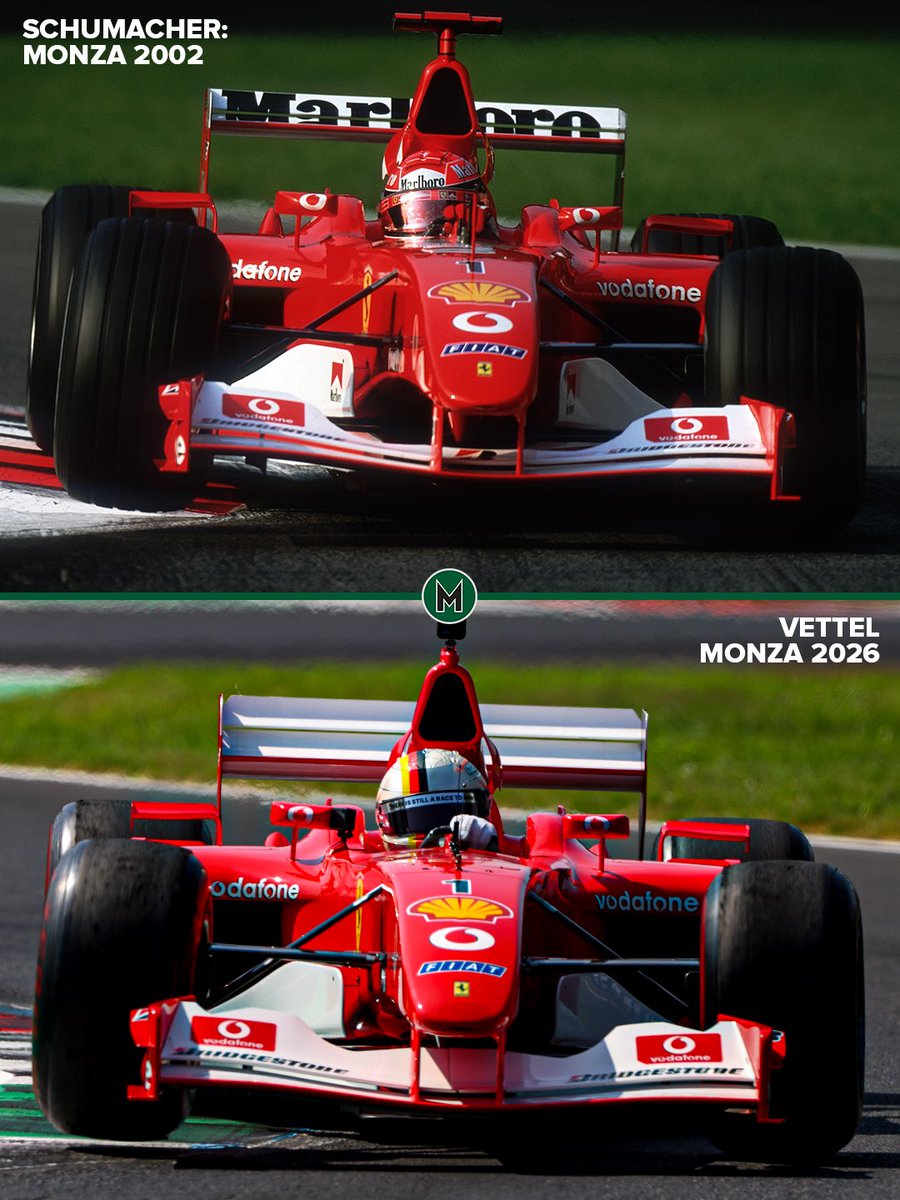Motor_Sport's tweet photo. Michael Schumacher 2002 🤝 Sebastian Vettel 2026

Two German F1 champions behind the wheel of one of the series most dominant ever Ferrari cars. Wonderful. https://t.co/iJFye850D2