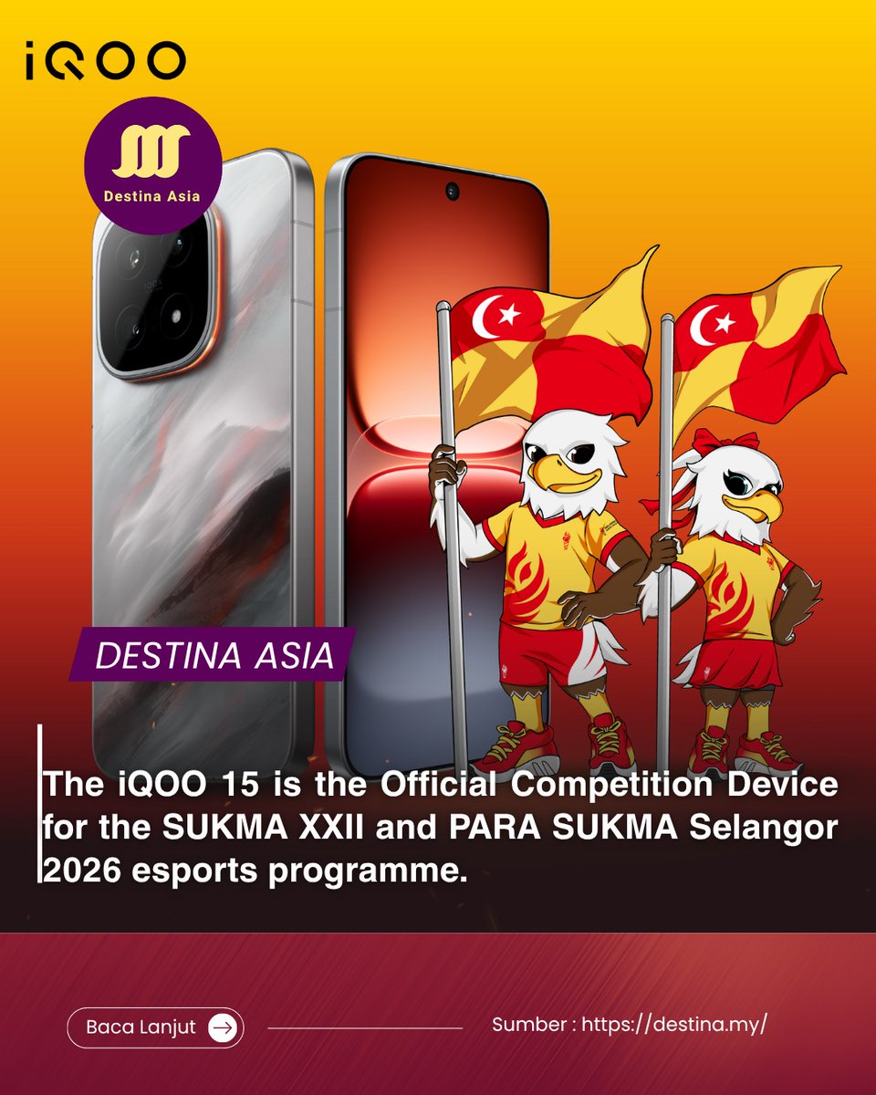 KarmaBehun's tweet photo. The iQOO 15 is the Official Competition Device for SUKMA XXII and PARA SUKMA Selangor 2026 esports, held 19–23 August at MPAJ Convention Centre. Snapdragon 8 Elite Gen 5 and Supercomputing Chip Q3 deliver smooth, stable performance. https://t.co/SBp6cD1Knl