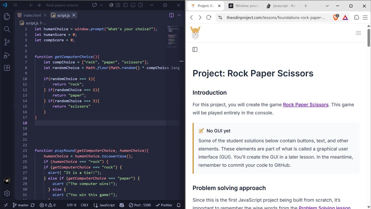 Adnankhan07_'s tweet photo. Day #06 of @TheOdinProject 

(Foundations Path)
-Working on rock, paper, scissors project.
-implemented computer and human choice feature.

#JavaScript #LearnInPublic #BuildInPublic https://t.co/CjzjtWQtrL
