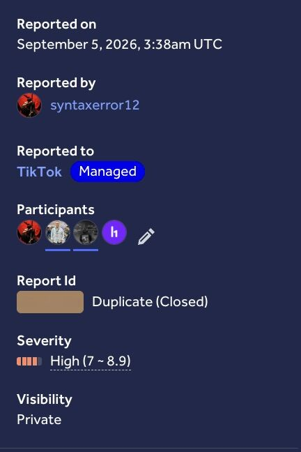 0xhamdooon's tweet photo. Another bug found on TikTok. This one’s a duplicate.
Collab with my bro @Emarah0x https://t.co/UsbiAE9Mca