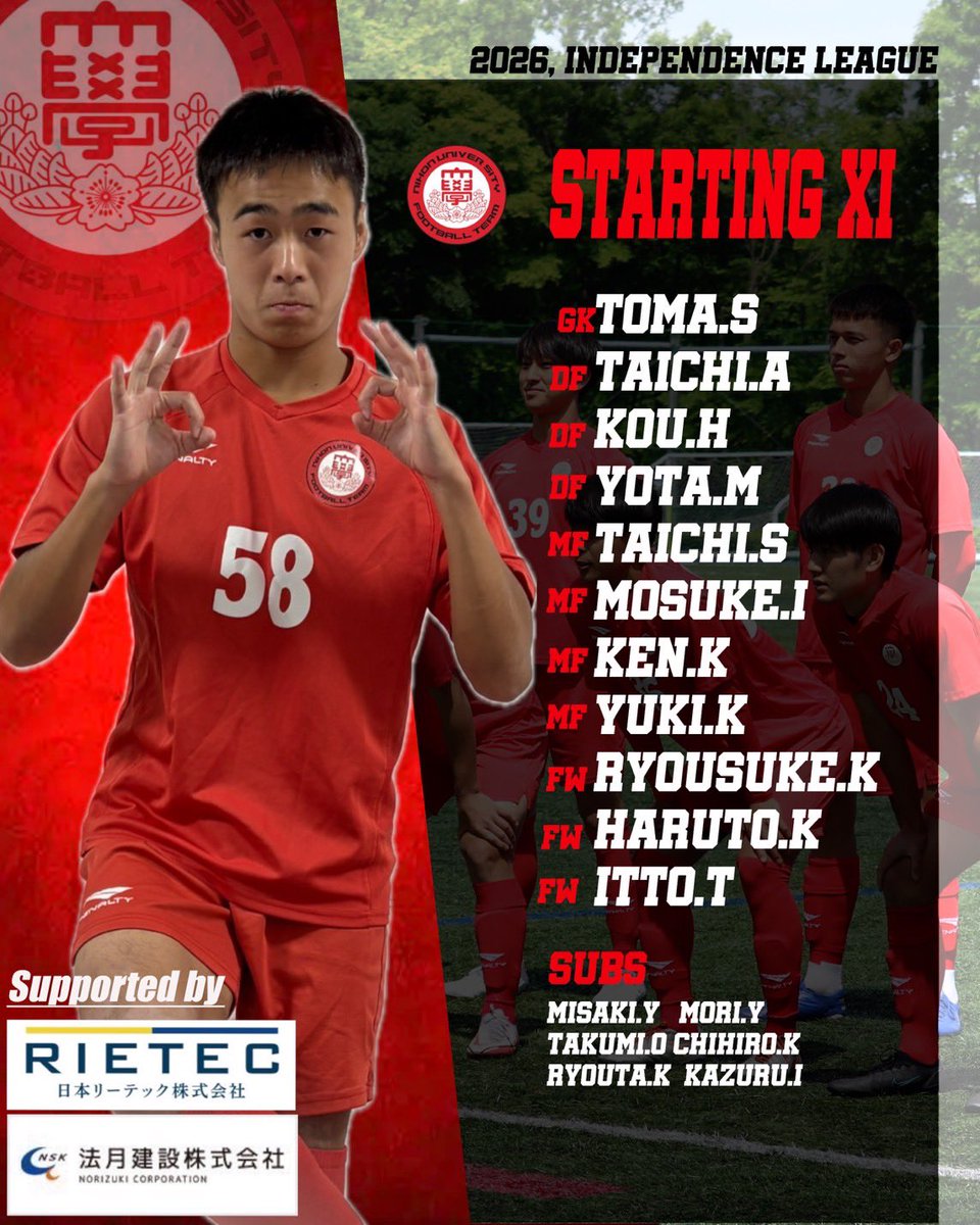 nu_soccer's tweet photo. 🔴スターティングメンバー⚫️

🏆インディペンデンスリーグ1部
【関東】
🆚#国士舘大学U-22B

ーーーーーーーーーーーー
【GK】12櫻井
【DF】25森本/2廣瀬/49天野
【MF】67杉本/68今澤/16河合/58小林（健）
【FW】33徳永/30熊谷/81古賀

サブ
【GK】41小久保
【DF】62森澤/69大垣
【MF】56岩藤/76矢田部
【FW】39川津
ーーーーーーーーーーーーーーー

#日本大学
#日本大学サッカー
#大学サッカー
#一戦必勝