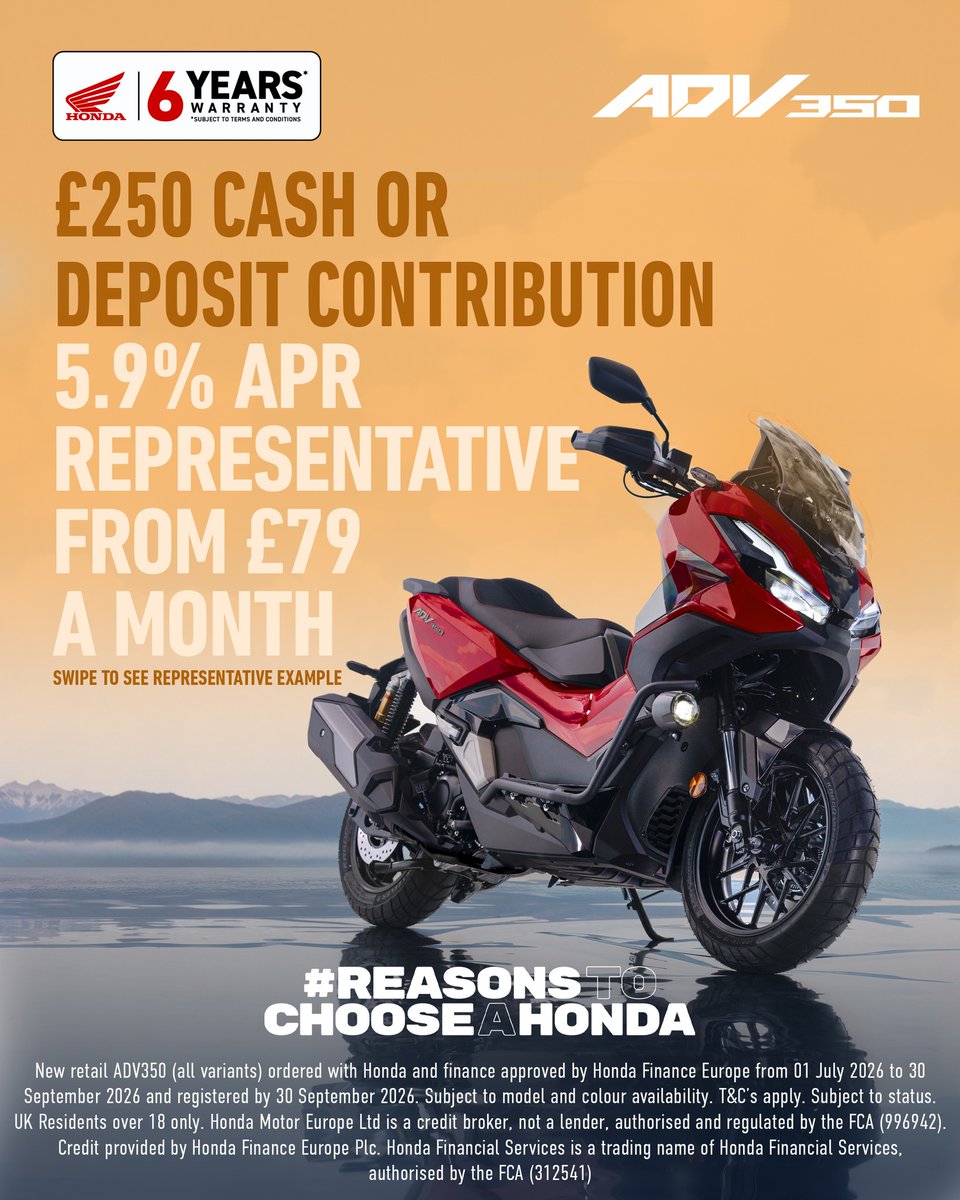 AntoneHellrv1's tweet photo. Adventure starts here with the Honda ADV350. Built for city streets and beyond, it combines lively performance, everyday practicality and adventure-inspired style. Ride away from £79 per month at 5. 9% APR Representative. Contact us today. https://t.co/zaVMIW7vJk