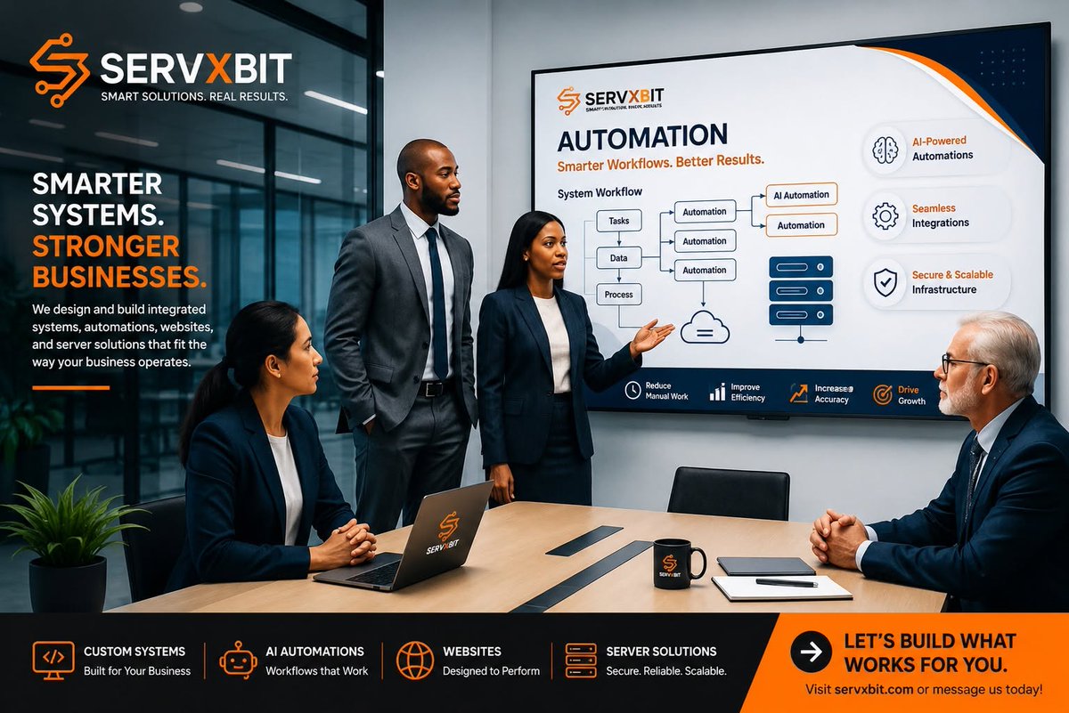 servxbit's tweet photo. 💡 Your business doesn’t need more apps. It needs smarter systems. Servxbit builds custom systems and AI automation to simplify operations, improve efficiency, and help you grow.

#Servxbit #AIAutomation https://t.co/ytb7lrT7UI