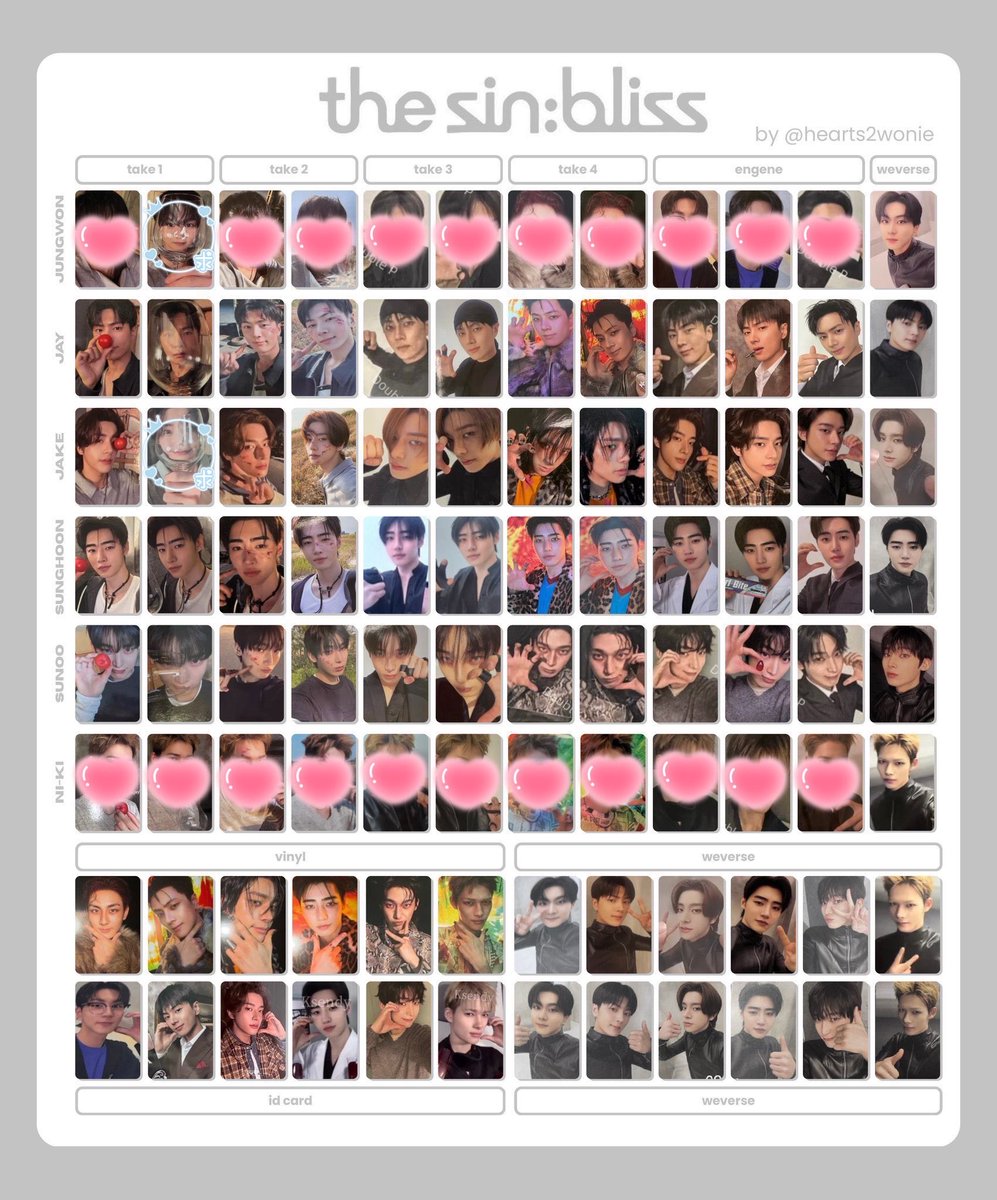idumint_bb's tweet photo. ENHYPEN THE SIN : BLISS トレカ 交換

譲→画像内 take1-4、engene
求む→ワイングラスの ジョンウォン、ジェイク

交換に際し条件などございましたらご相談ください！
同日発送の郵送を希望します📮
ご不明点などお気軽にお声掛けください🙇‍♀️

#ENHYPEN交換 #ENHYPEN https://t.co/sd5DxaFoPL