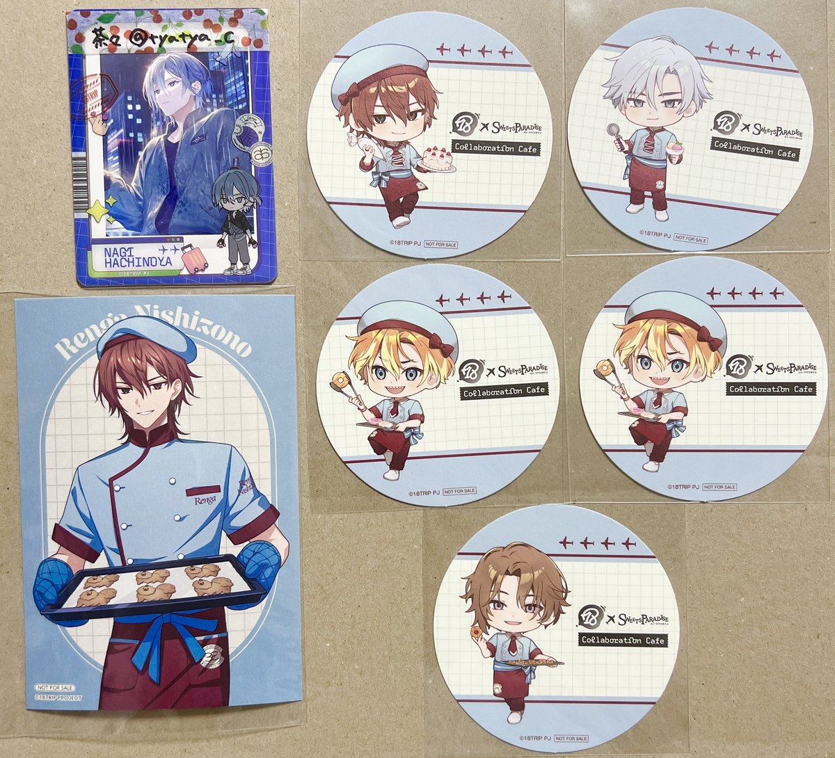 tyatya_c's tweet photo. 交換 18TRIP エイトリ スイパラ コラボ

コースター
譲）練牙(SD)、雪風、あく太2、七基
求）季肋(等身)、幾成(等身)＞季肋(SD) 
SDは優先度低いため、等身とまとめてor決まり次第

特典ラメポストカード
譲）練牙(寄り)
求）凪(寄り)

都内手渡しor郵送 https://t.co/rHqmKo6c5P