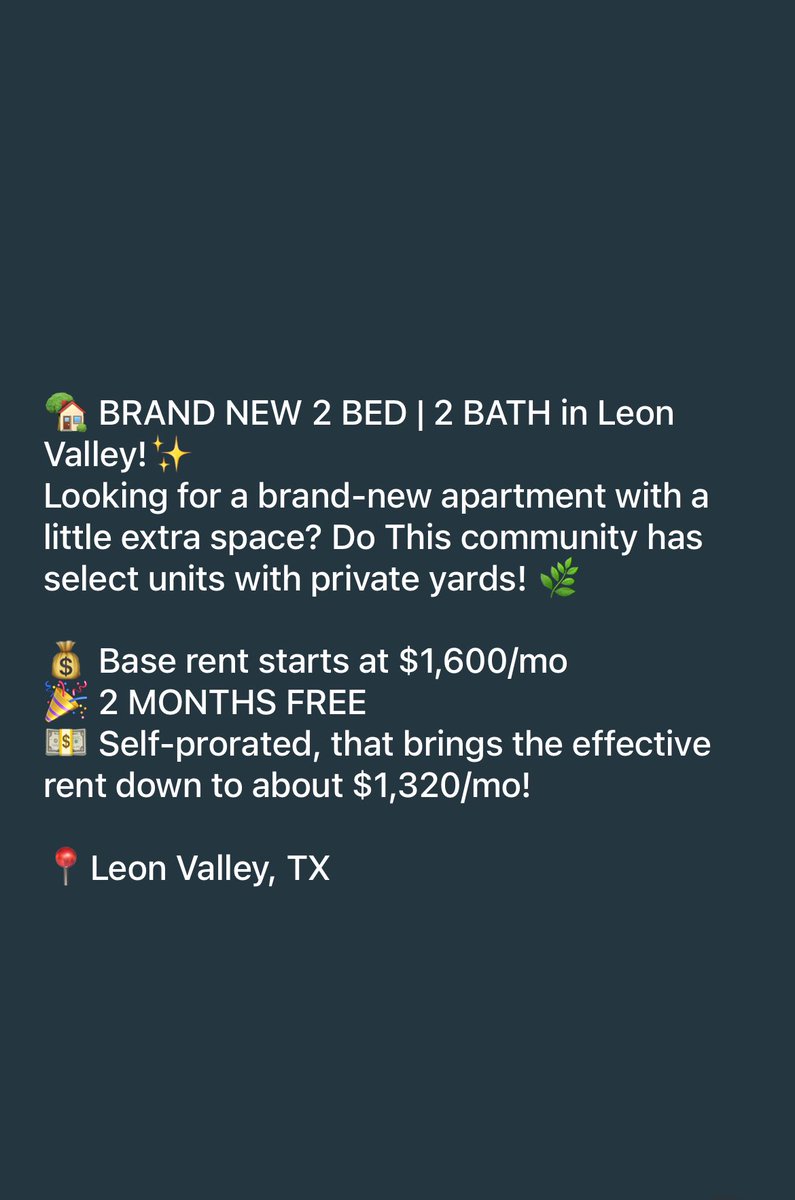 Shytaylax__'s tweet photo. 🏡 BRAND NEW 2 BED | 2 BATH in Leon
Valley!✨
Looking for a brand-new apartment with a little extra space? Do This community has select units with private yards! 🌿

💰 Base rent starts at $1,600/mo
🎉 2 MONTHS FREE https://t.co/INlZzNx7MN