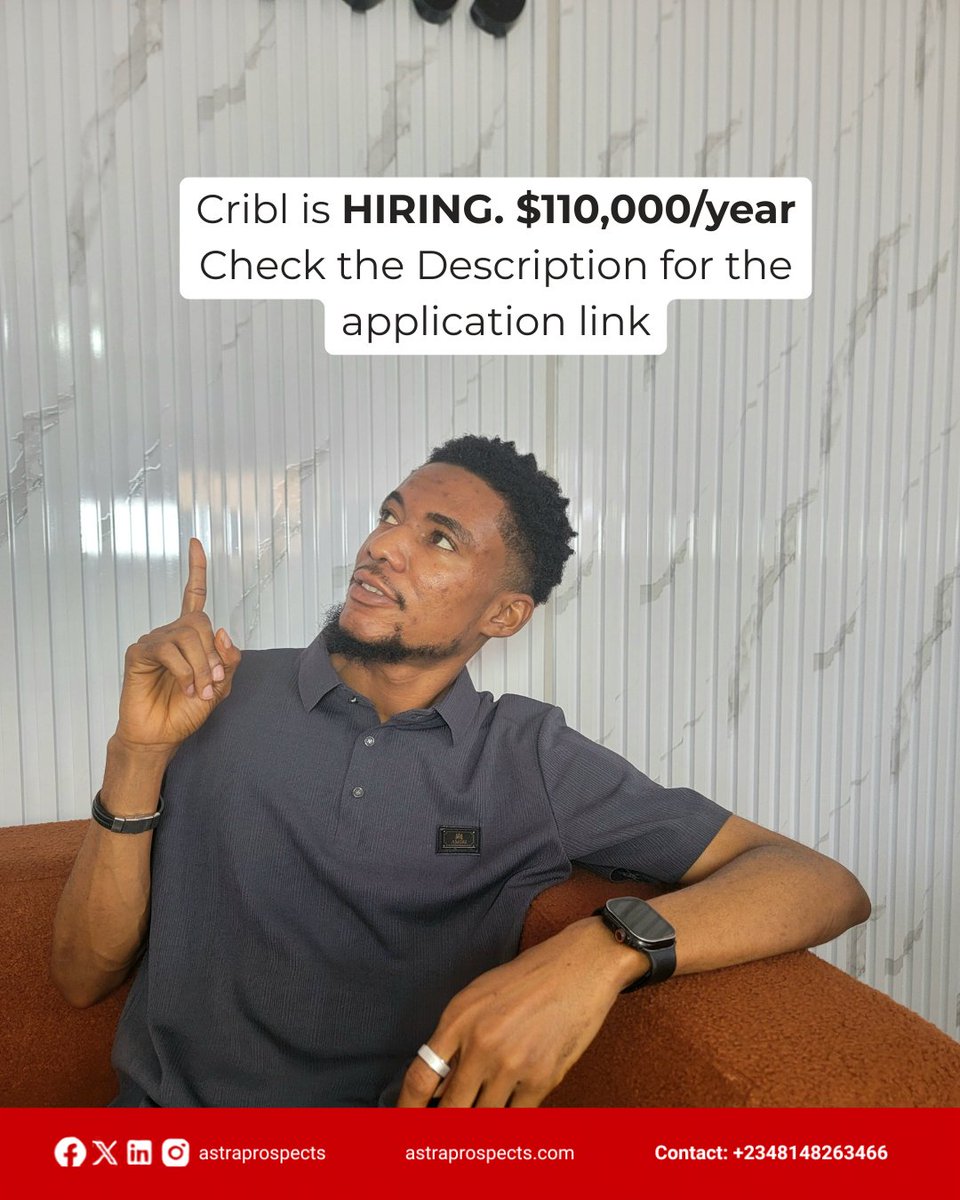 AstraProspects's tweet photo. Cribl is hiring for the position of a Customer Success Engineer

The pay for this role is $110,000/year. Click the link below to apply for free

https://t.co/QDWOiYyouH 

#hiring #jobalert #nowhiring #remotejobs #techjobs https://t.co/OoQWgbyrJO