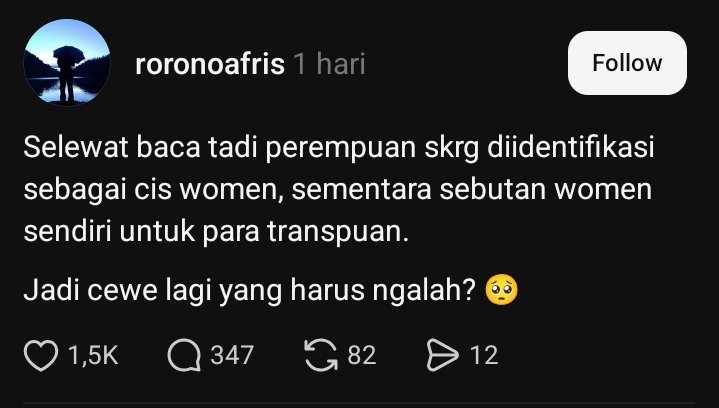 erlanishere's tweet photo. Akhirnya perempuan yg harus mengalah dari para siluman goa amrik soal status "keperempuanan tulen". 👍

Makanya tiap ada yg nyap nyap terus mulai keluar itu kata saktinya: ✨cis men✨ ✨cis women✨. Langsung aja gw sautin:

Cas cis cus belalang kuncup palalu zigzag. https://t.co/mATPItcqcB
