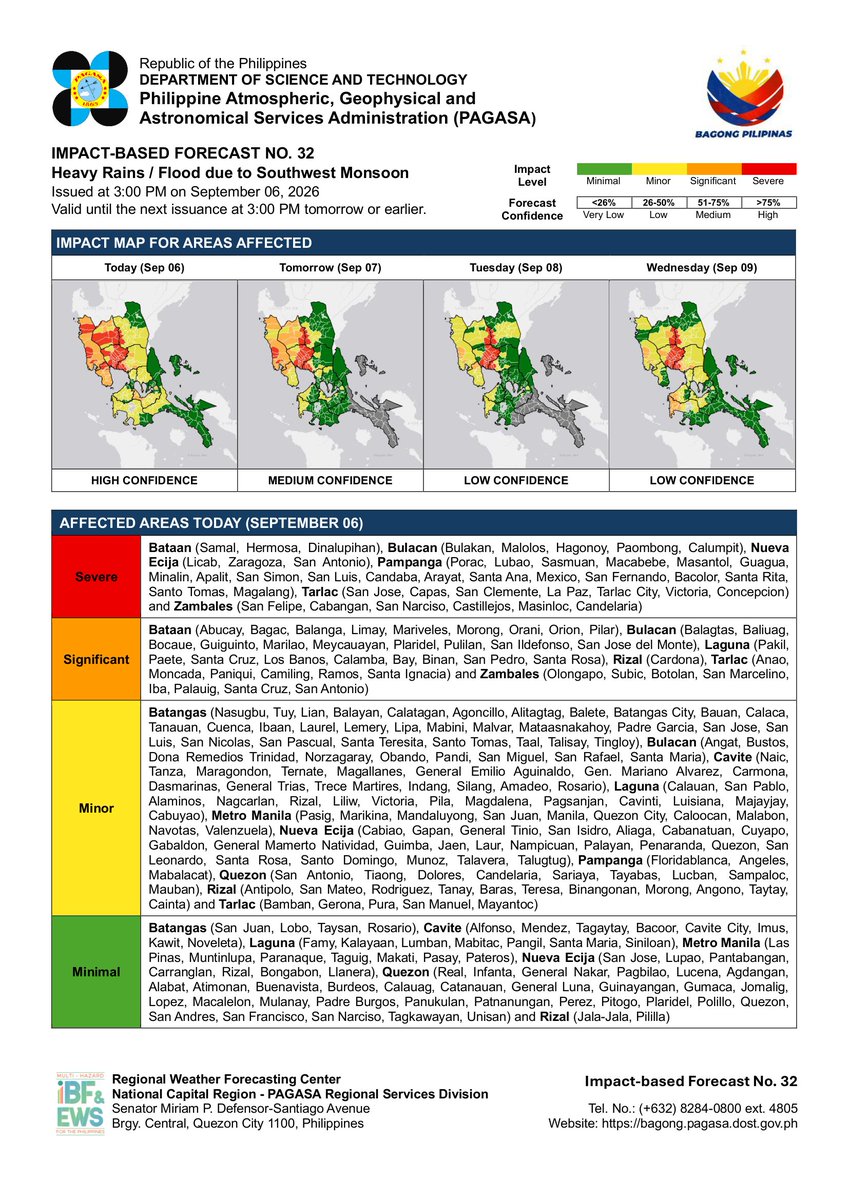 dost_pagasa's tweet photo. IMPACT-BASED WARNING NO. 32
(Heavy Rainfall / Flood Event)
Issued at: 03:00 PM
Southwest Monsoon
Warning Date: 6 - 9 September 2026 (Sunday to Wednesday)

https://t.co/Keim3z49GM https://t.co/TzlDkSXA8c
