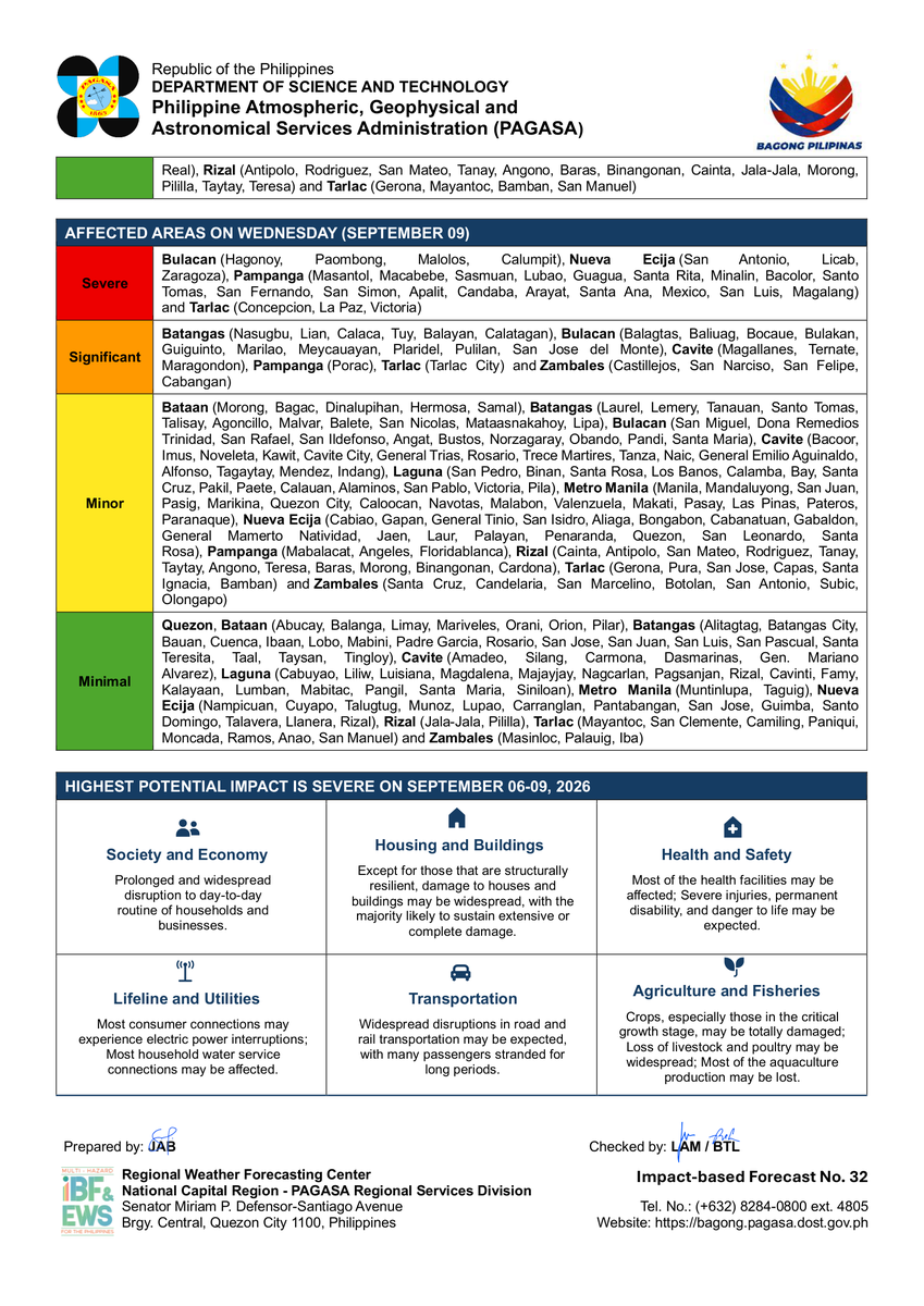dost_pagasa's tweet photo. IMPACT-BASED WARNING NO. 32
(Heavy Rainfall / Flood Event)
Issued at: 03:00 PM
Southwest Monsoon
Warning Date: 6 - 9 September 2026 (Sunday to Wednesday)

https://t.co/Keim3z49GM https://t.co/TzlDkSXA8c