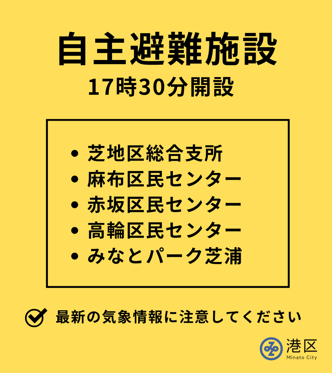 minatokoho's tweet photo. 【大雨に伴う自主避難の開設】
17時30分に自主避難施設を開設します。

7日(月)未明には土砂災害の危険が高まるおそれがあります。

雨や風が強くなってからの避難や、夜間の移動は危険です。自主避難施設の利用を希望される方は、早めの避難をお願いします。

詳細▼
https://t.co/QOEHX1wys5 https://t.co/Gc6E098Kqx