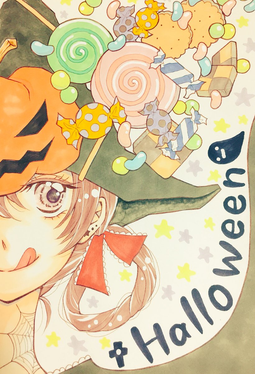 AppleMai75's tweet photo. 少し早いけどハロウィンです🎃
お菓子と目を描くのが楽しかったなぁ～
お気に入りのイラストです(/ω＼*)💓

全反応巡回します～🏃‍♂️💨

 #イラスト #コピック #OC
 #アナログ #illustration
 #お絵描き好きさんと繋がりたい
 #イラスト好きさんと繋がりたい https://t.co/sy4pjkgZpI