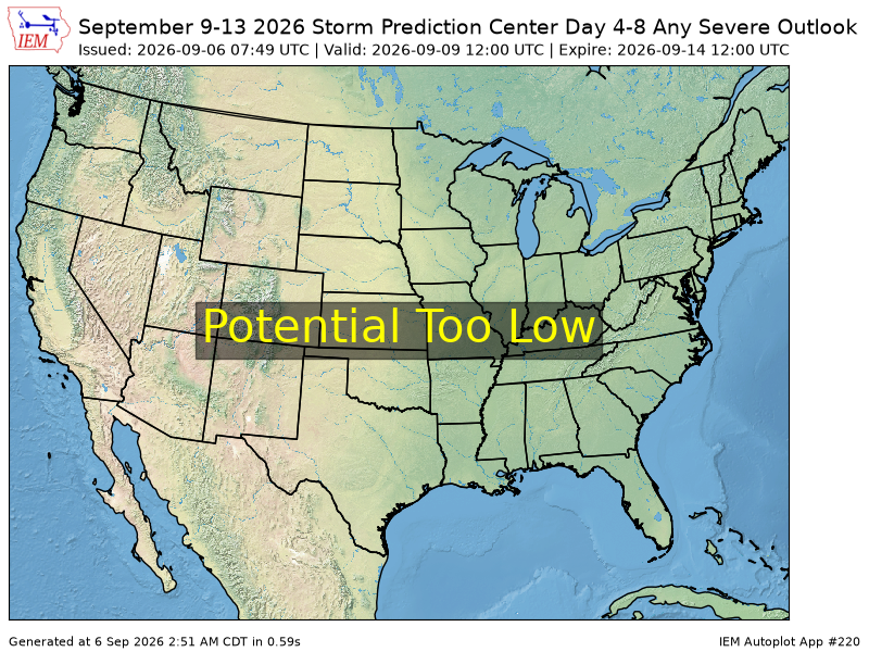 TwistedStratoWX's tweet photo. The Storm Prediction Center issues Days 4-8 Convective Outlook at Sep 6, 7:49z https://t.co/TXMvx5kB4k https://t.co/A2n0JvgSi5