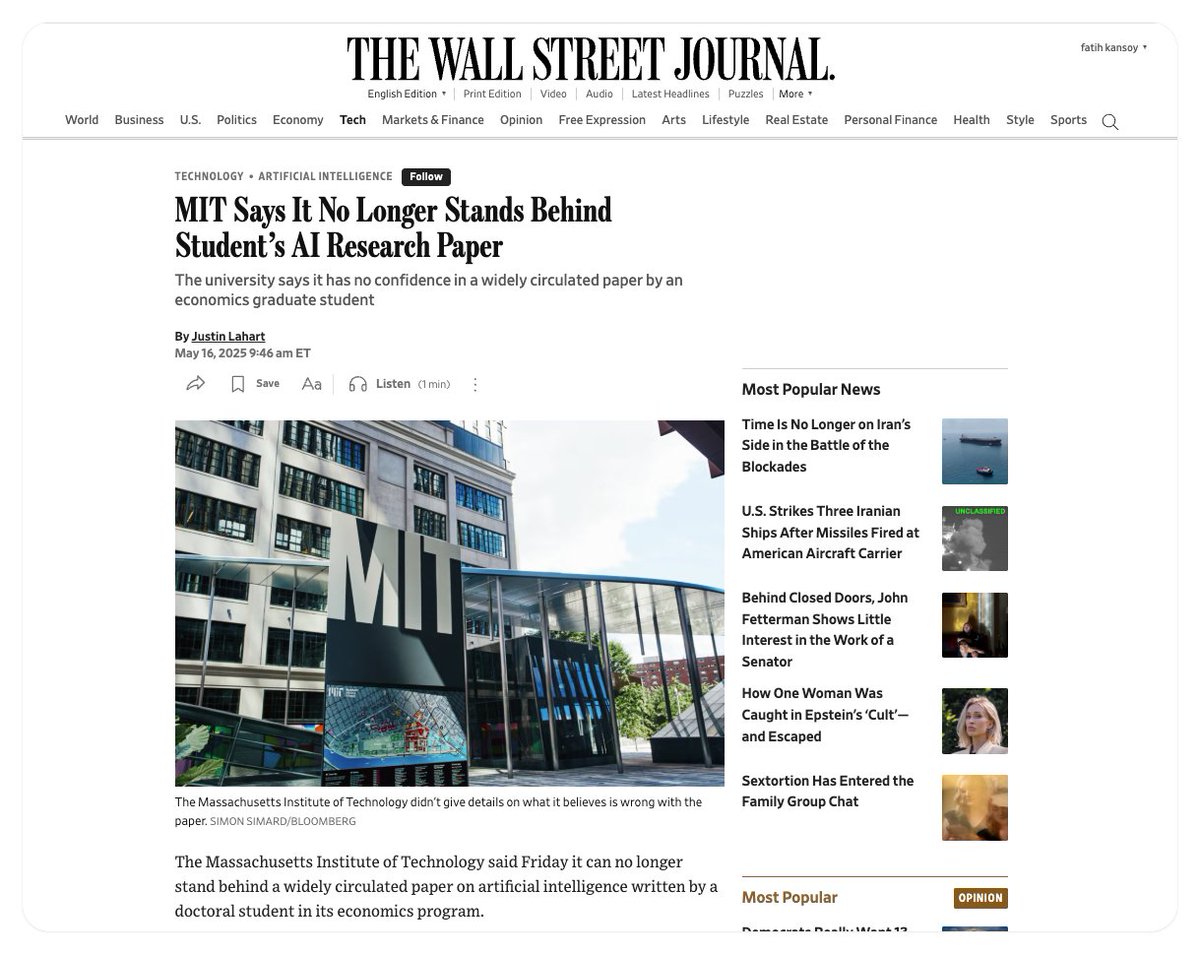 kansoy's tweet photo. Do you know what a "zombie citation" is?

You remember Aidan Toner-Rodgers, right?

In May 2025, MIT publicly disowned his viral AI paper over fabricated data, and arXiv withdrew it.

You’d think that was the end of story.

Instead, the ghost lives on: the paper now has 110 total citations with 31 in 2026 alone. That includes journals  under Nature, Cell, and Elsevier publications.

Because nobody (authors+reviewers) checks what they reads :)

https://t.co/Ebc4fB4ywl