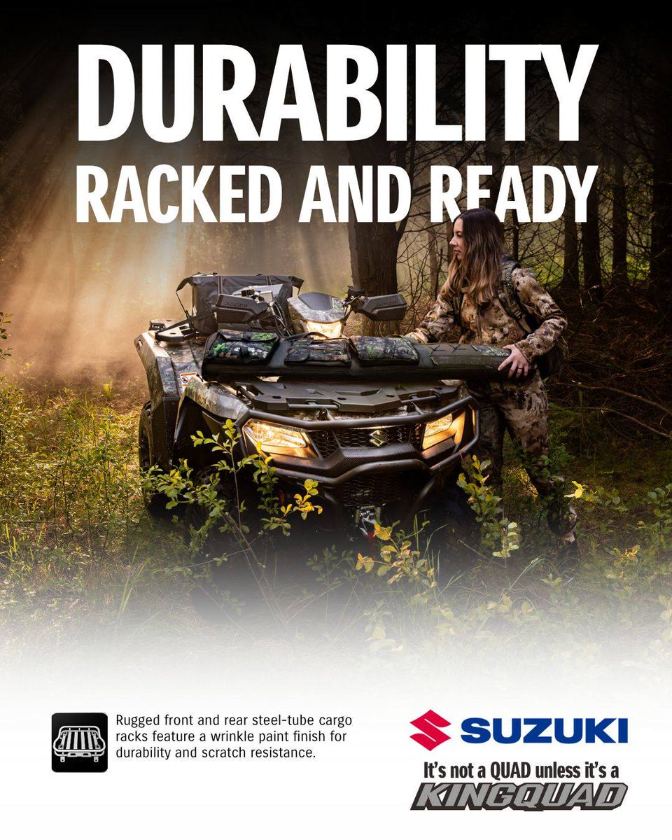 MarquittaSe2's tweet photo. Durability, racked and ready. Rugged front and rear steel-tube cargo racks feature a wrinkle paint finish for lasting scratch resistance. It’s not a quad unless it’s a KingQuad. https://t.co/C74WiBIwV9