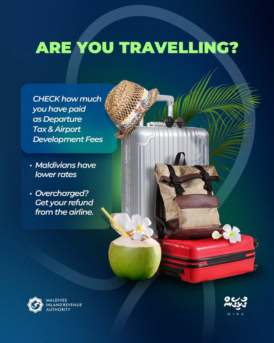 MIRAmaldives's tweet photo. Are you travelling? CHECK how much you have paid as Departure Tax &amp; Airport Development Fees
✅ Maldivians have lower rates
✅ Overcharged? Get your refund from the airline.
#ATFAwareness #gulhigenmira https://t.co/oELHfJrNKx
