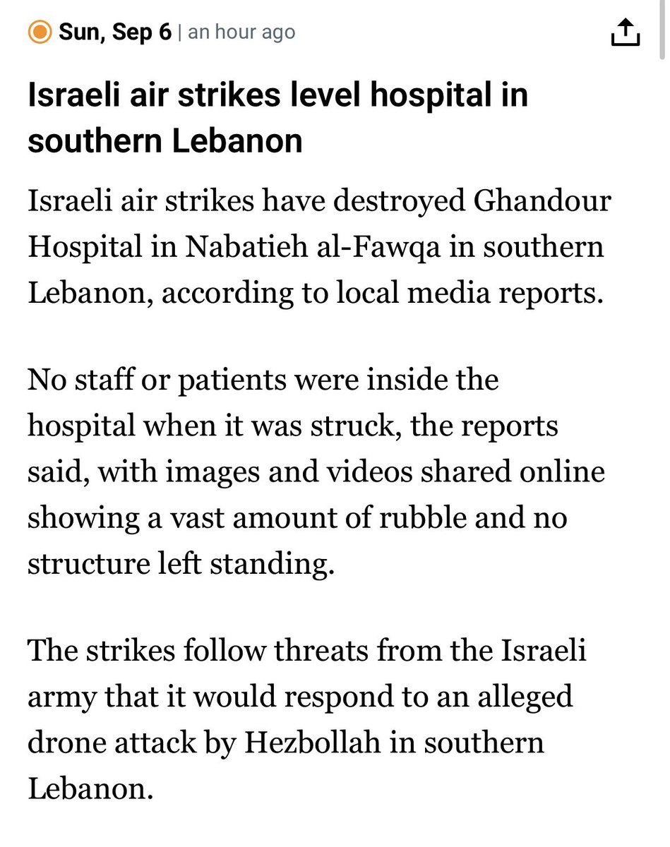 RaniaKhalek's tweet photo. The Israelis have been escalating dramatically in southern Lebanon.

So far today, the Israelis have:

- Issued displacement orders for an entire village at 6am
- Killed at least 4 people
- Leveled a hospital.

There is no ceasefire in Lebanon. It’s a one-sided war, Hezbollah barely responds. 

The Israelis are totally out of control with no restraints thanks to a cowardly world.