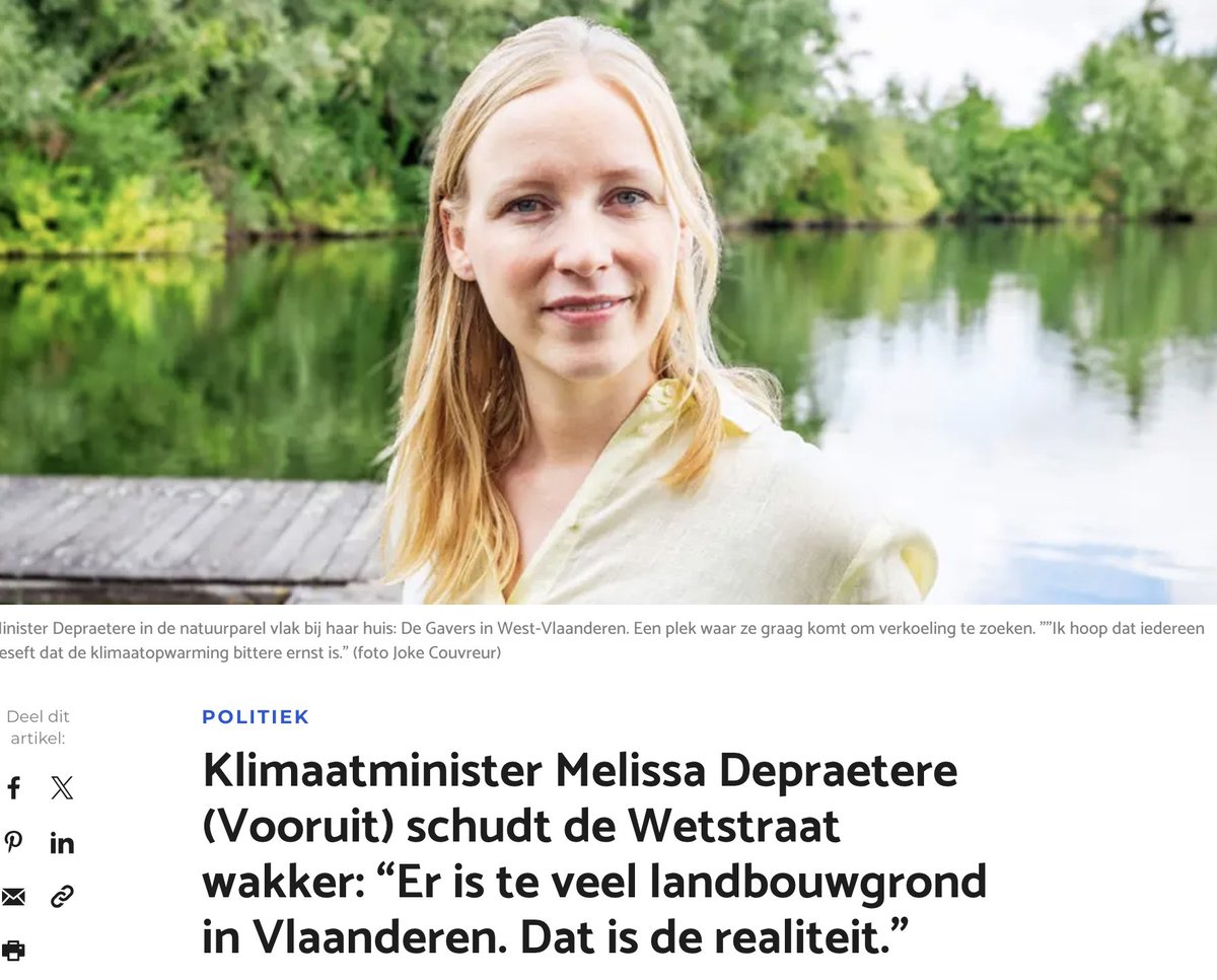 michelhenrion's tweet photo. La ministre du Climat flamande Melissa #Depraetere (Vooruit) à @PaulCobbaert pour @DeZondag :  "C'est trop tard pour nous attaquer aux causes du réchauffement climatique. Il faut le ralentir autant que possible, donc émettre moins de CO2, et adapter notre société aux conséquences. C'est pour ça que j'ai élaboré un plan de climatisation cet été (pour le gouvernement flamand) Savez-vous pourquoi l'Amérique et l'Australie sont mieux armées contre la chaleur que l'Europe ? Parce que leurs bâtiments sont équipés de la #climatisation. Des études montrent qu’une température intérieure supérieure à 30 degrés est mauvaise pour la qualité du sommeil, la performance d’apprentissage, la productivité et le bien-être. Et pourtant certains se moquent de la climatisation. Je trouve ça étrange... » (...) "Et que @franckentheo (N-VA) rmaintienne ses propos (piscine+ Stella) même après cet été, avec tant de désastres, je ne comprends pas...  Au sein de la N-VA, tout le monde n'est d'ailleurs pas d'accord avec Francken, et heureusement. @Zu_Demir  (Ministre de l'Enseignement flamand) se rend  bien compte que les enfants ne peuvent pas bien performer quand il fait 35 degrés dans la salle de classe..." 
-"Et une autre réalité est qu'il y a trop de terres agricoles en Flandre.Nos réserves naturelles doivent parfois être fermées vu la foule. Cela montre le besoin que les gens ont d'être dans la nature, et à juste titre. Tout le monde n’a pas de jardin!" #VuDeFlandre #Climat #VlaReg #Francken