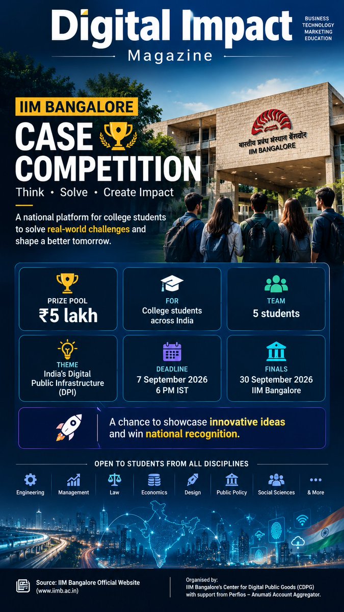 ji29152687's tweet photo. 🏆 ₹5 LAKH का मौका! Students, यह opportunity miss मत करना!
#DigitalImpactMagazine #IIMBangalore #CaseCompetition #CollegeStudents #Students #DigitalPublicInfrastructure #DPI #Innovation #Technology #Business #StudentOpportunity #India #TechNews https://t.co/Nq7GgkSdE2
