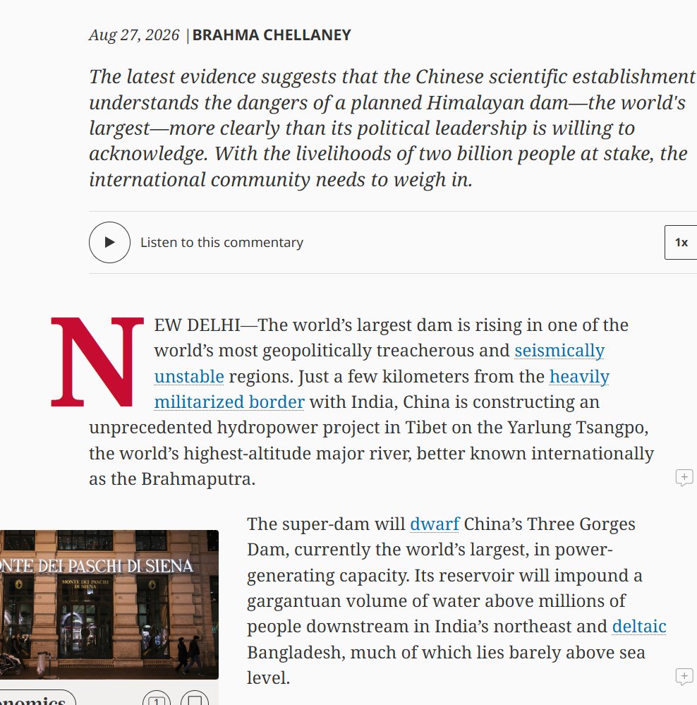 pretentiouswhat's tweet photo. Well, this article is just nonsense.

Let's go over the the biggest issues: 🧵🧵

1. There's no "super-dam". The article repeatedly mentions a mythical super-dam that doesn't exist.

The hydropower project's huge capacity is based on the massive 2000m+ drop between the start and endpoints of the Yarlung Tsangpo's Great Bend, not a super-large dam. That's just how hydropower generation works; it's a function of the river's flow rate + vertical drop, not the size of the reservoir. 

Current OSINT analysis suggests the project will use two dam structures, neither "super" sized. One will be no higher than ~20m, shunting water into a ~40km underground diversion tunnel where the powerhouses will be. The other is ~100km upstream and will form the seasonal reservoir.

The upstream dam's exact height isn't published, but is analyzed as somewhere between 90-150m.  If it's 150m (I think this is unlikely), it will be tied for the 194th-largest dam in the world. If it's 90m...I have no idea. Not on any top rankings though.

tl;dr: Large power generation capacity ≠ large dam

Grade: F
