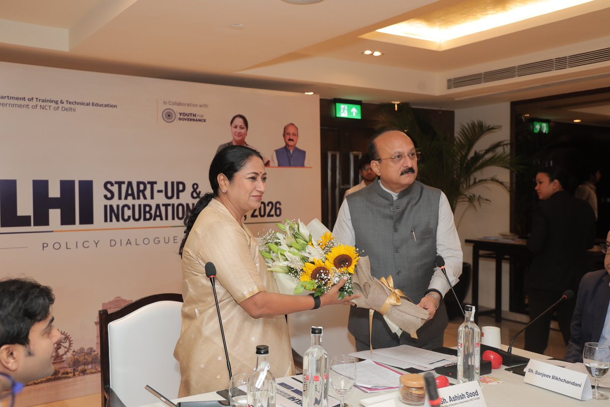 ashishsood_bjp's tweet photo. The Department of training and technical education in collaboration with Youth for governance organised a roundtable dialogue centred around Delhi Start-up and Incubation policy 2026 in the august presence of Hon'ble Chief Minister of Delhi Smt. @gupta_rekha Ji.

Distinguished industry leaders and entrepreneurs came together to deliberate on fostering innovation, strengthening Delhi's startup ecosystem and creating greater opportunities for young entrepreneurs.

 By giving push to new startup ideas and supporting them our commitment lies in  making Delhi, the startup capital of India.

#startup

@NitinNabin 
@blsanthosh