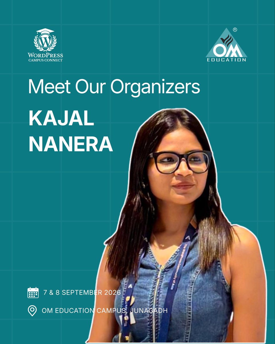 wpjunagadh's tweet photo. 🌟 Meet the team behind WordPress Campus Connect, Junagadh!

🙌 Meet our organizers:

Neha Unadkat
Kajal Nanera
Chintan Dodiya
Chetan Prajapati

📅 7 &amp; 8 September 2026
📍 OM Education Campus, Junagadh

https://t.co/1OgPR6jDTW

#WordPress #wpcc #MeetTheOrganizers #OMEducation https://t.co/vIsTLN720D