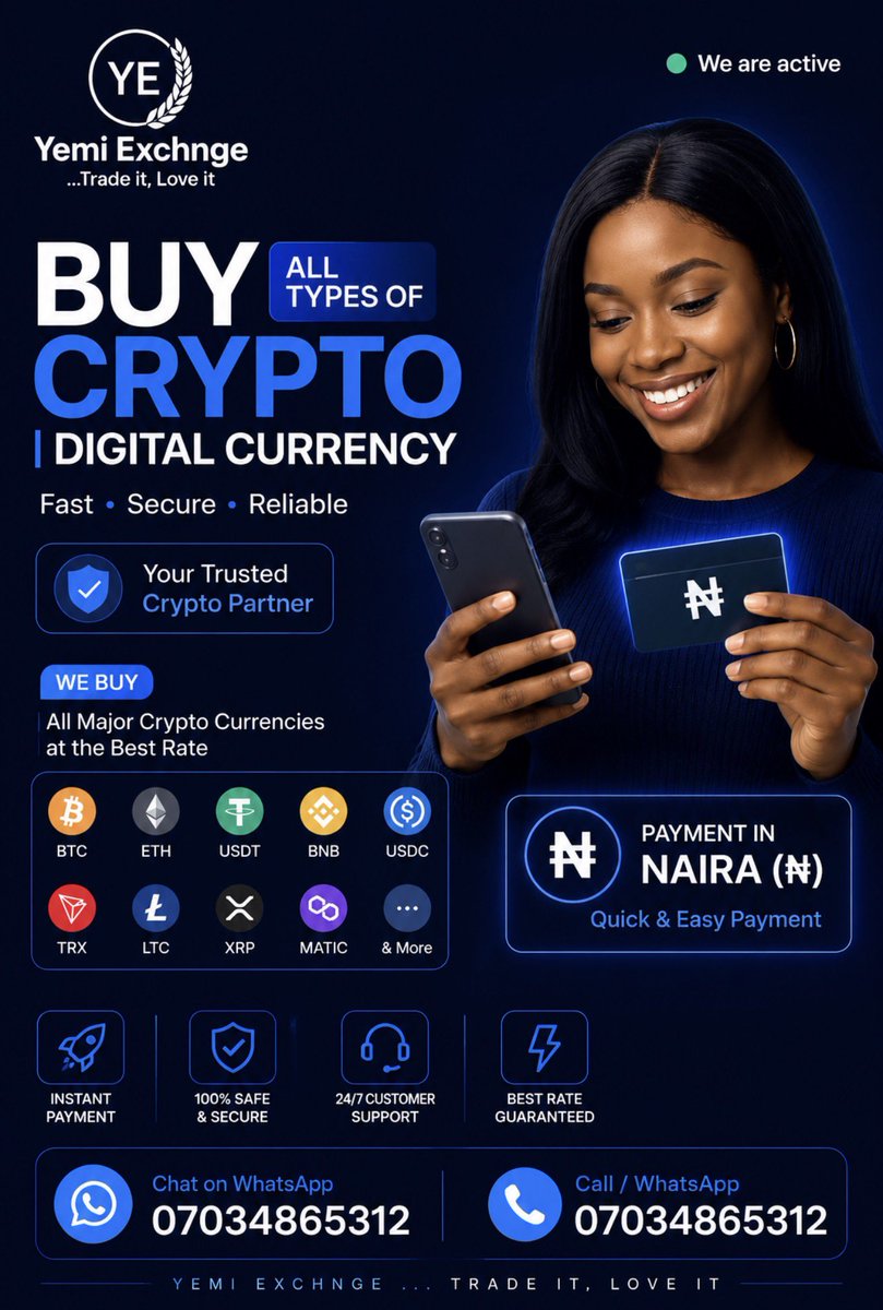 donmorak12's tweet photo. 🚀 Your trusted plug for crypto.

Buying or selling USDT, BTC, ETH &amp; other cryptocurrencies?
We offer fast, reliable and seamless crypto transactions, whether you’re trading small or in bulk.

💰 Competitive rates
⚡ Fast payments
🔐 Smooth &amp; reliable transactions

Yemi Exchnge https://t.co/XZRmnzMrq4