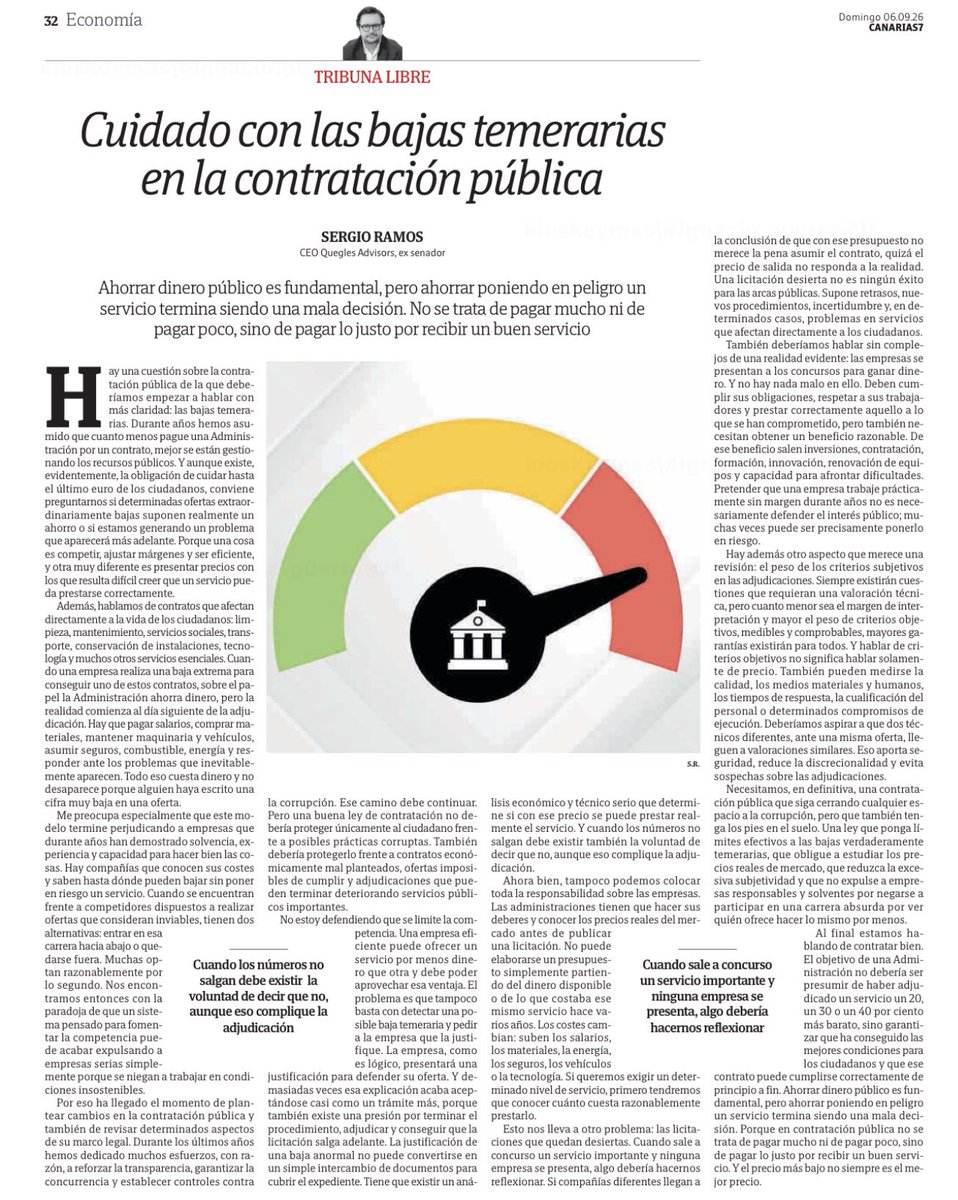 iguerratorre's tweet photo. Acertado artículo para la reflexión hoy en @canarias7 de Sergio Ramos sobre la contratación pública. En #LPGC sufrimos especialmente una mala praxis que daña la gestión. Hay ventajas de la ley 9/2017 como la no imposición al precio mas bajo y la división en lotes. Aprovechémoslas https://t.co/iQWomvwj0f