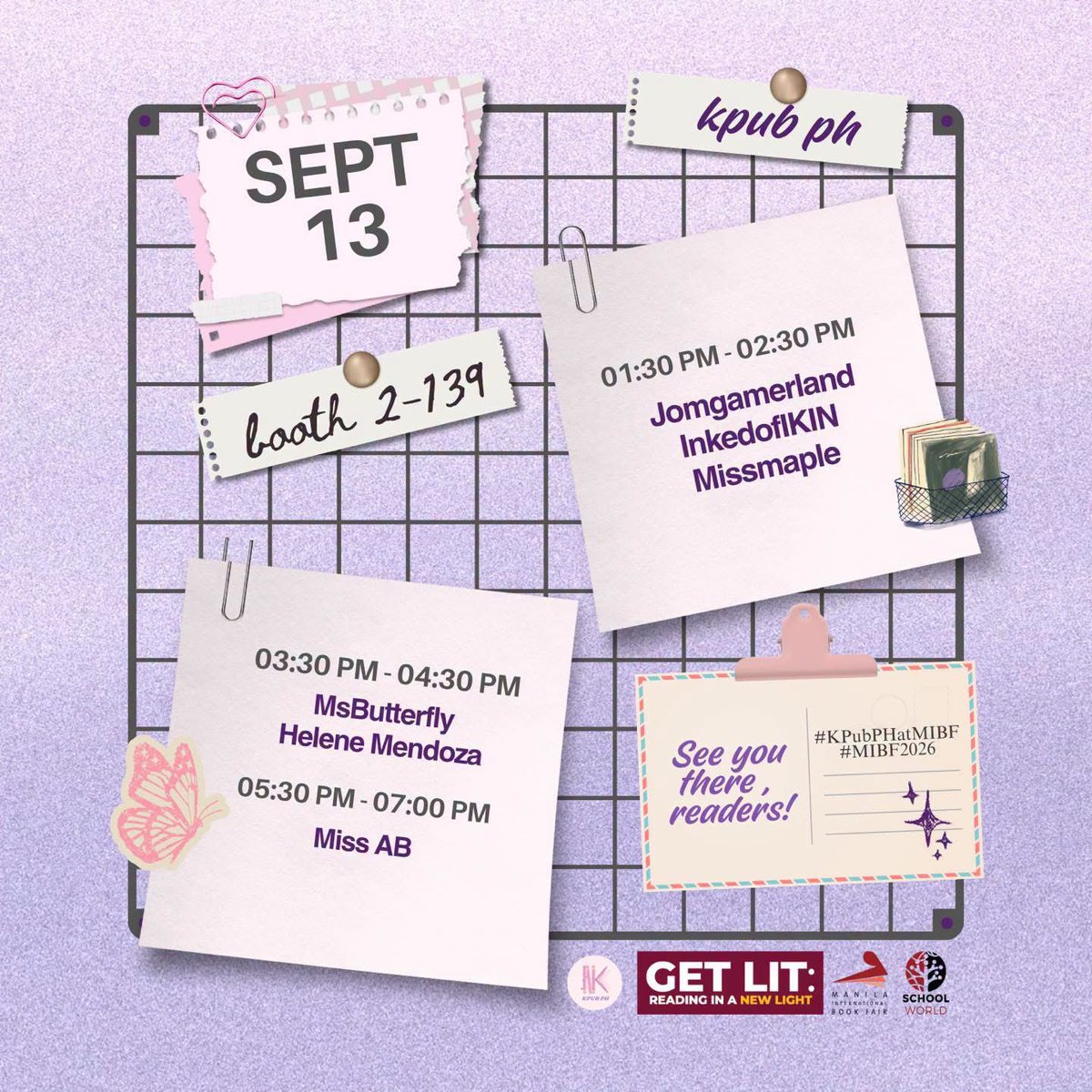 kpubph's tweet photo. D-3 to #MIBF2026! Check out our book signing schedule and guidelines featuring these self-published authors ✨

See you! 💜🩷

#KPubPHatMIBF #MIBF2026 #GetLit #ReadingInANewLight https://t.co/Fkxl6VtNe1