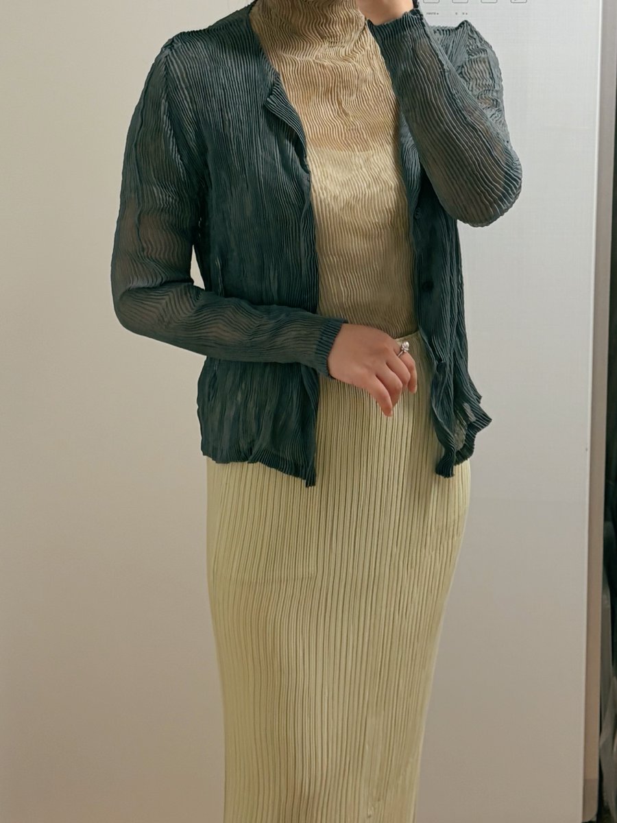 AnnetteHalmbjys's tweet photo. ISSEY MIYAKE - Aug, 2026 hatching, dull cream 
The chiffon knit is last year’s khaki, and the cardigan is dull blue. I almost didn’t buy the dull cream, but that would’ve been a huge mistake. https://t.co/VKNUcOTsZi