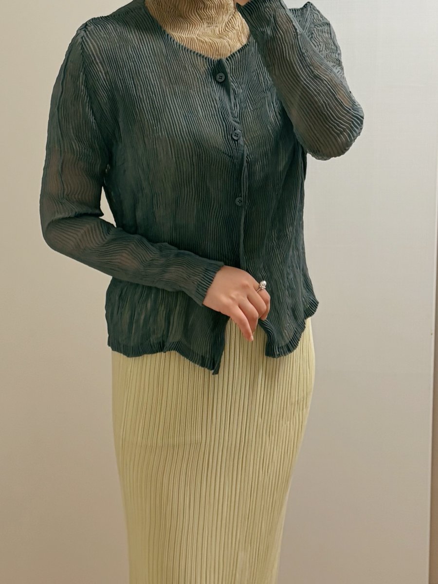 AnnetteHalmbjys's tweet photo. ISSEY MIYAKE - Aug, 2026 hatching, dull cream 
The chiffon knit is last year’s khaki, and the cardigan is dull blue. I almost didn’t buy the dull cream, but that would’ve been a huge mistake. https://t.co/VKNUcOTsZi