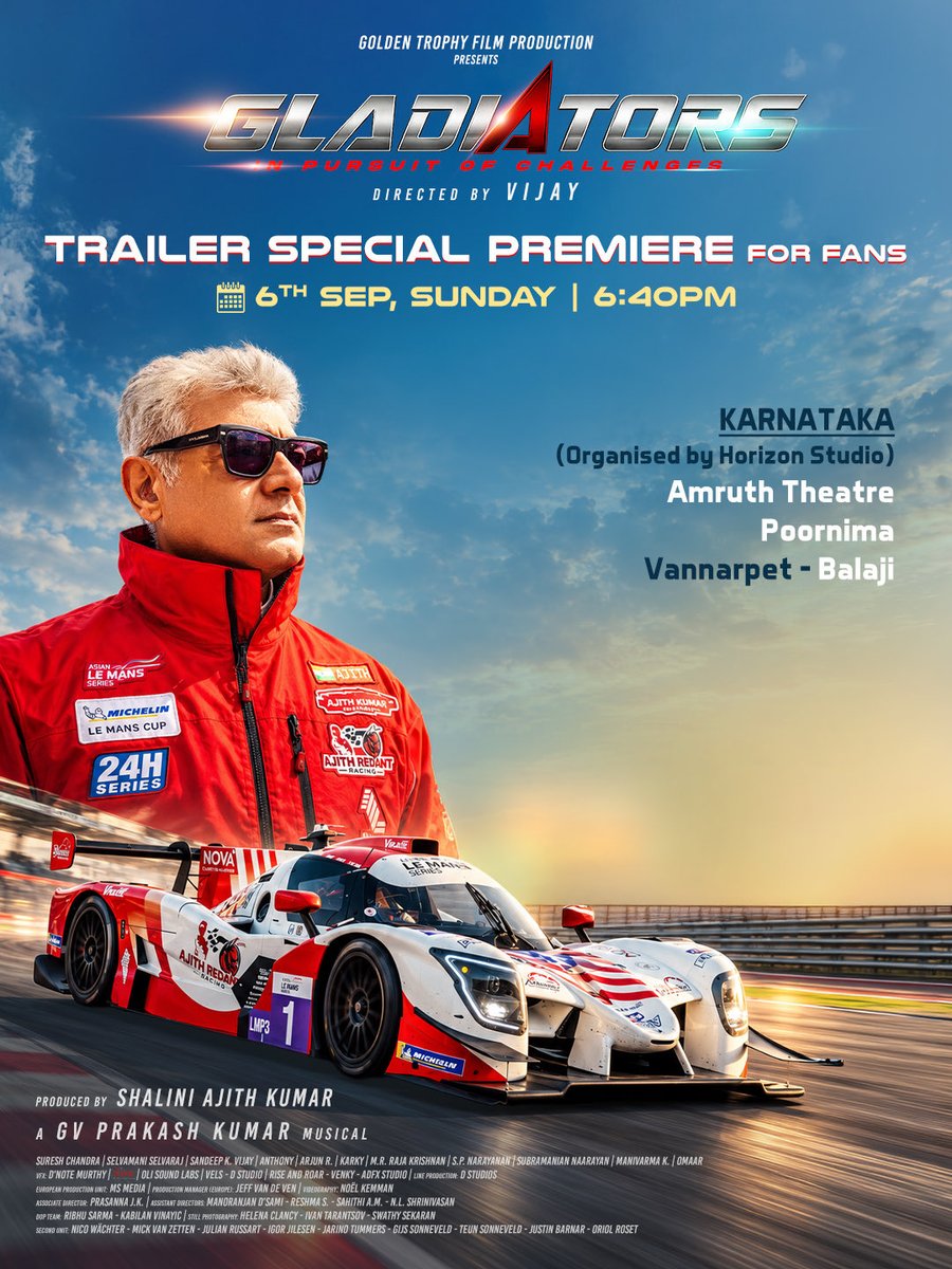 SureshChandraa's tweet photo. GLADIATORS TRAILER PREMIERE – KARNATAKA! 🏎️🎬

Catch the trailer LIVE across theatres in Karnataka ! 🎬

Theatre List 👇
#AjithKumar #Ajith #AK 
#Gladiators #GladiatorsTrailer #Karnataka https://t.co/K2PZKi2EOy