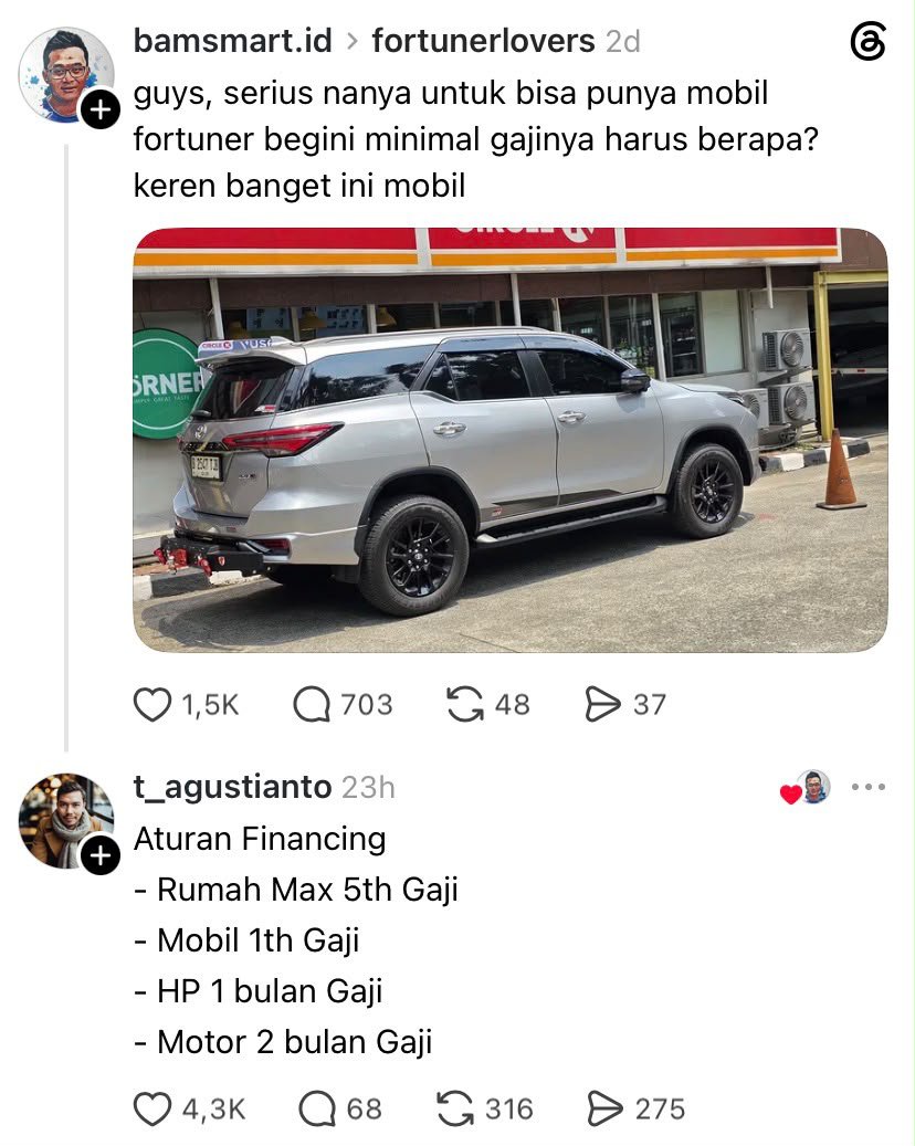 LambeSahamjja's tweet photo. aturan financing ala netizen:
- rumah maksimal 5 tahun gaji
- mobil maksimal 1 tahun gaji
- hp maksimal 1 bulan gaji
- motor maksimal 2 bulan gaji https://t.co/kfxrUWEqDY