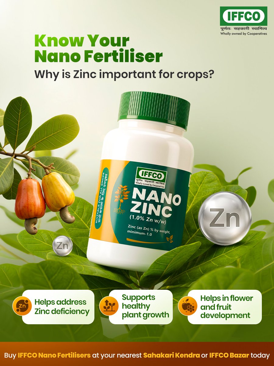 IFFCO_Coop's tweet photo. Zinc is an essential micronutrient that plays an important role in healthy crop growth. IFFCO Nano Zinc helps address Zinc deficiency and supports flower and fruit development.
Adopt IFFCO Nano Zinc today.
#IFFCO #IFFCONanoFertilisers #IFFCONanoZinc https://t.co/xuMp9PpYYg