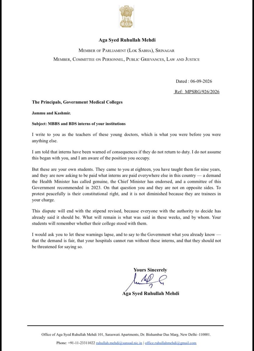 TeamASRM's tweet photo. On whose orders?

Our interns are being pressured by their own Principals to end a protest this Government has itself called genuine.

MP Aga Syed @RuhullahMehdi has written today to the Health Minister @sakinaitoo asking who gave that instruction, and to every GMC Principal — these are your own students.