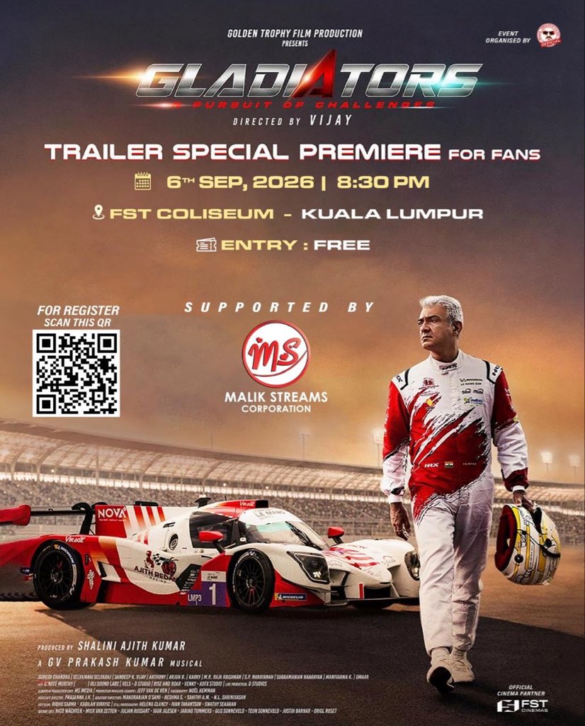 SureshChandraa's tweet photo. GLADIATORS – Trailer Premiere!🇮🇳🏎️

Here’s the Overseas Theatre List for the special trailer premiere! 🎬🏎️

Get ready to witness the Gladiators experience on the big screen!
#AjithKumar #Ajith #AK #GladiatorsTrailer https://t.co/EQsf4NSxY4