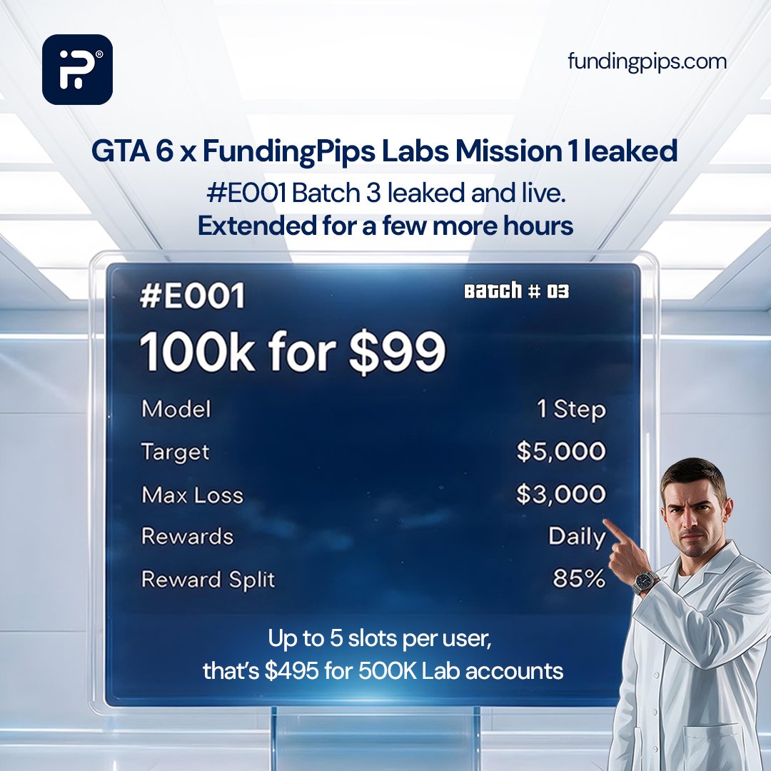 _Ygub's tweet photo. @everyone
🔗 Go to the link in bio to claim your spot.
Lock in your $100K account for just $99 on FundingPips LABS #E001 — Batch 3. 🧪🔥
⚡ 1 Step with a 5% target
💰 Daily Rewards with an 85% split
🧪 Up to 5 spots per user — up to $500K
@fundingpips @khld_fx
Best propfarm🔥 https://t.co/kflsJy6Aa3