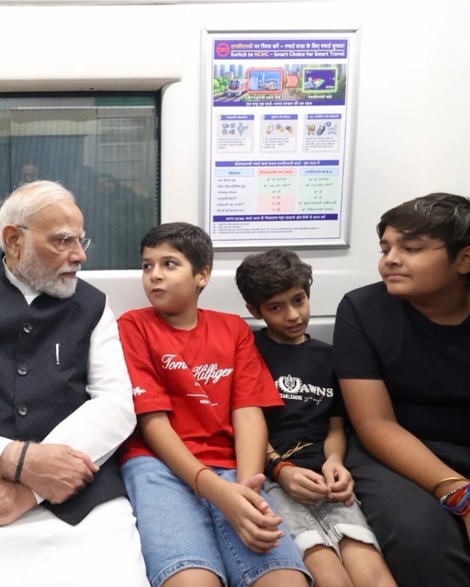 IndiaToday's tweet photo. #InPic | Prime Minister @narendramodi shared glimpses of his Delhi Metro journey to and from Shri Ram College of Commerce (SRCC) for its centenary celebrations. During the ride, he interacted with commuters, including schoolchildren, and spoke with them about their interests and aspirations.
Courtesy: Narendra Modi/IG
#IndiaTodaySocial #PMModi #DelhiMetro #SRCC #NarendraModi (1/2)