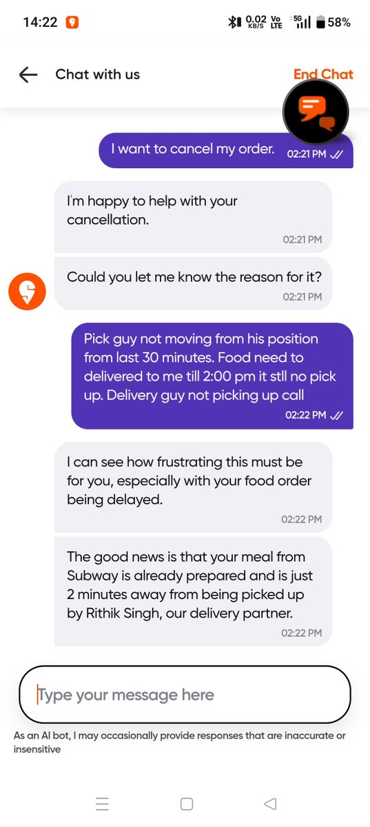 Ankit_StarLord's tweet photo. The petheticness of Swiggy and his bot system of awsome. Look what Bot responding me after I want to cancel the cause it is taking too long and his customer service never picks the phone such shameless unprofessionalism https://t.co/wKljAm2ljp